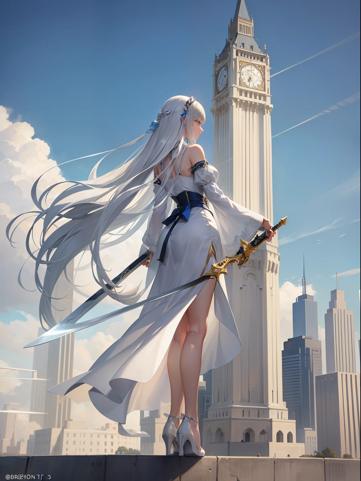 Silver-white girl with long hair，Dressed in a dress trimmed with white and gold，Stand on a towering building，Wear high heels，Sword in hand，（best qualtiy：1.4）， （A detailed：1.5）， （tmasterpiece：1.3），