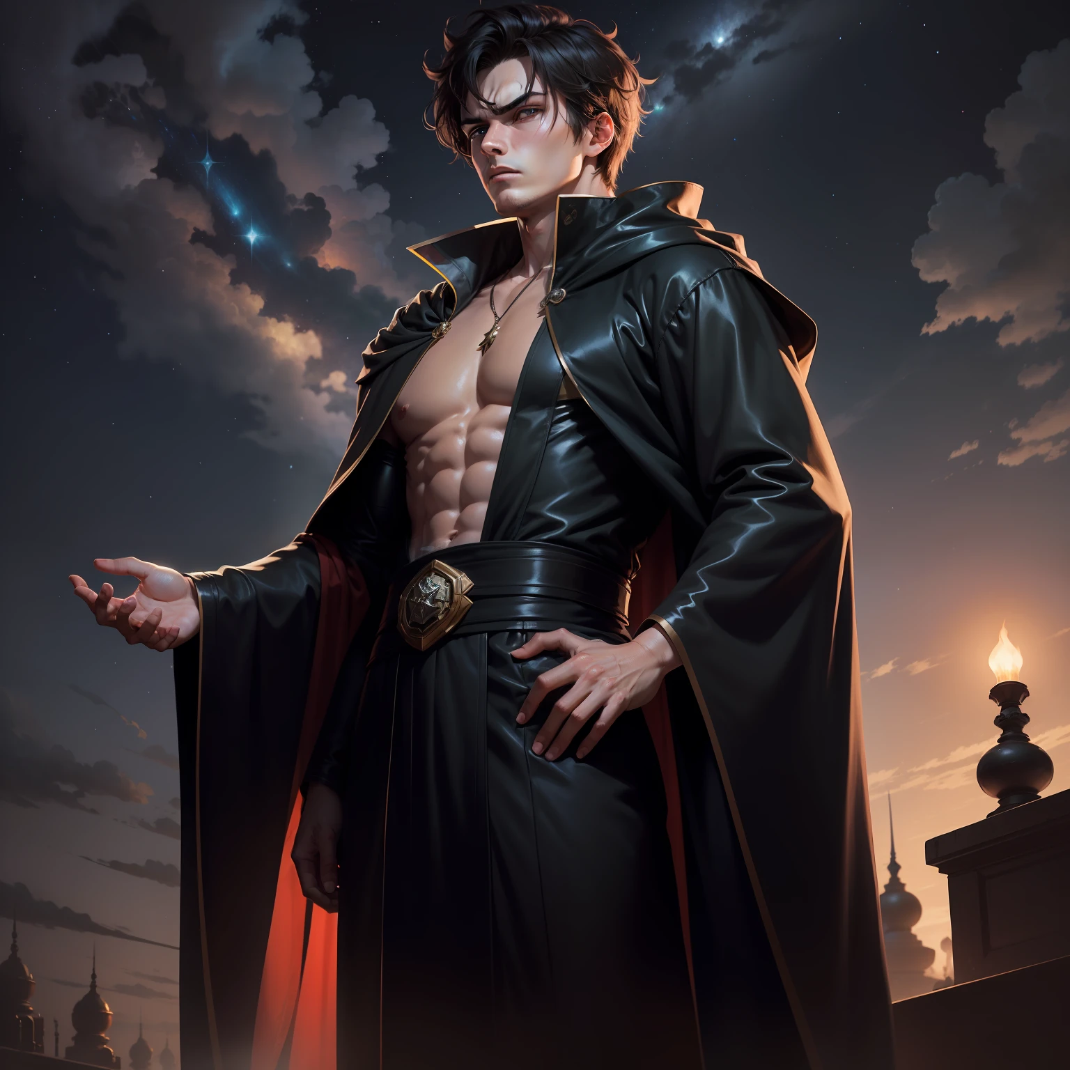 Anime style,Wearing a black robe,Twenty-year-old man,Stand above the stars,The expression is arrogant,domineering side leak,Admired by thousands of people