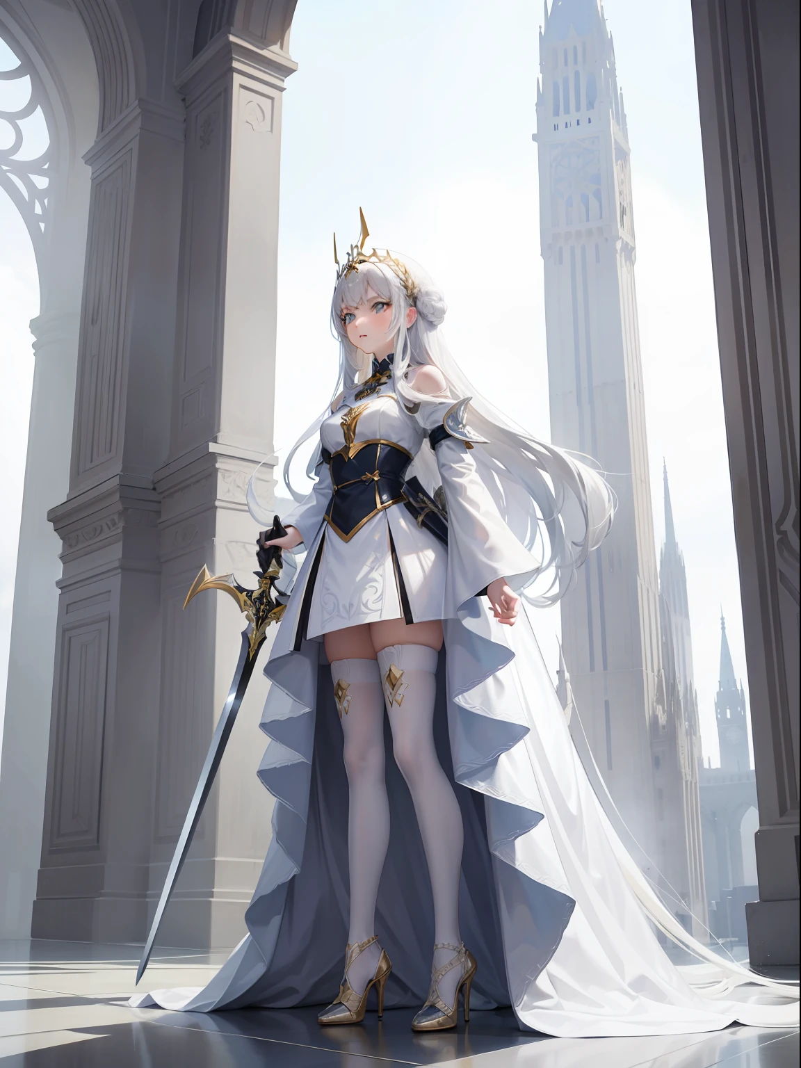Silver-white girl with long hair,Dressed in a dress trimmed with white and gold,Stand on a towering building,Wear high heels,Sword in hand,(best qualtiy:1.4), (A detailed:1.5), (tmasterpiece:1.3),White stockings