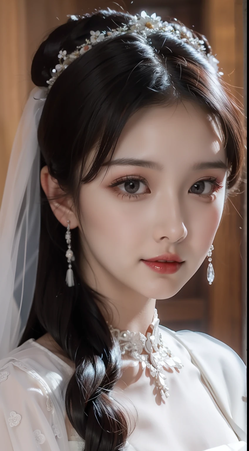 Beautiful bride, red wedding dress, delicate facial features close-up, shy, waiting to be married, fat body, full body photo, gentle eyes, no eye bags, light makeup