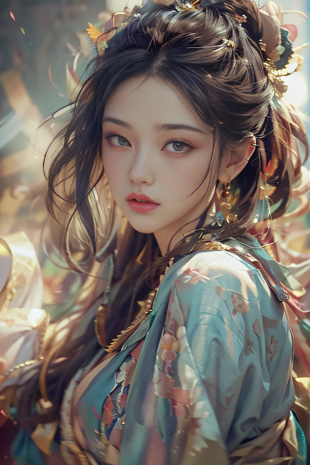 (RAW photo, best quality), (realistic, photo-realistic:1.3),best quality,highly detailed,masterpiece,ultra-detailed,illustration,1girl,upper_body,dynamic angle,world masterpiece theater,messy_long_hair,best quality,extremely detailed CG unity 8k wallpaper,ink,Amazing,cinematic lighting,lens_flare, dunhuang_style