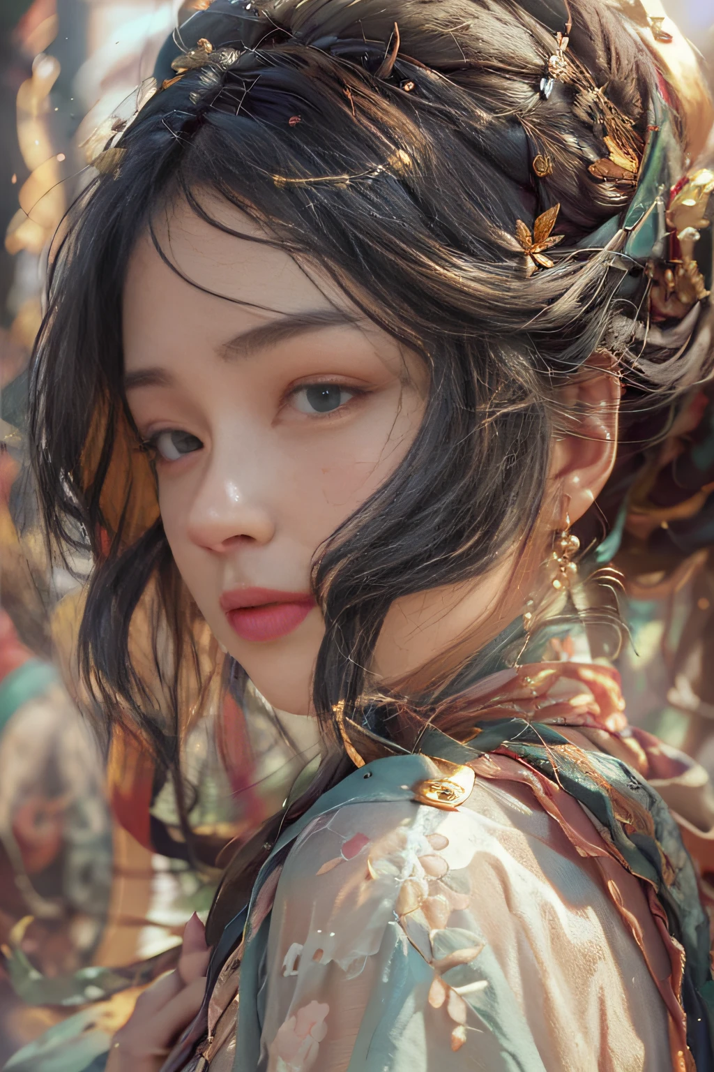(RAW photo, best quality), (realistic, photo-realistic:1.3),best quality,highly detailed,masterpiece,ultra-detailed,illustration,1girl,upper_body,dynamic angle,world masterpiece theater,messy_long_hair,best quality,extremely detailed CG unity 8k wallpaper,ink,Amazing,cinematic lighting,lens_flare, dunhuang_style