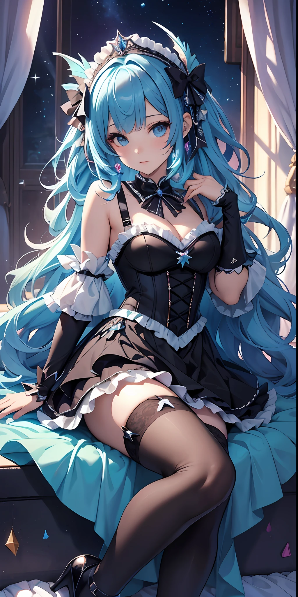 best qualityer,tmasterpiece,Ultimate resolution,downy,Extremely colorful,Colorful,Mermaid princess,ta dress,Black suspender stockings,Fishmouth heels,starrysky