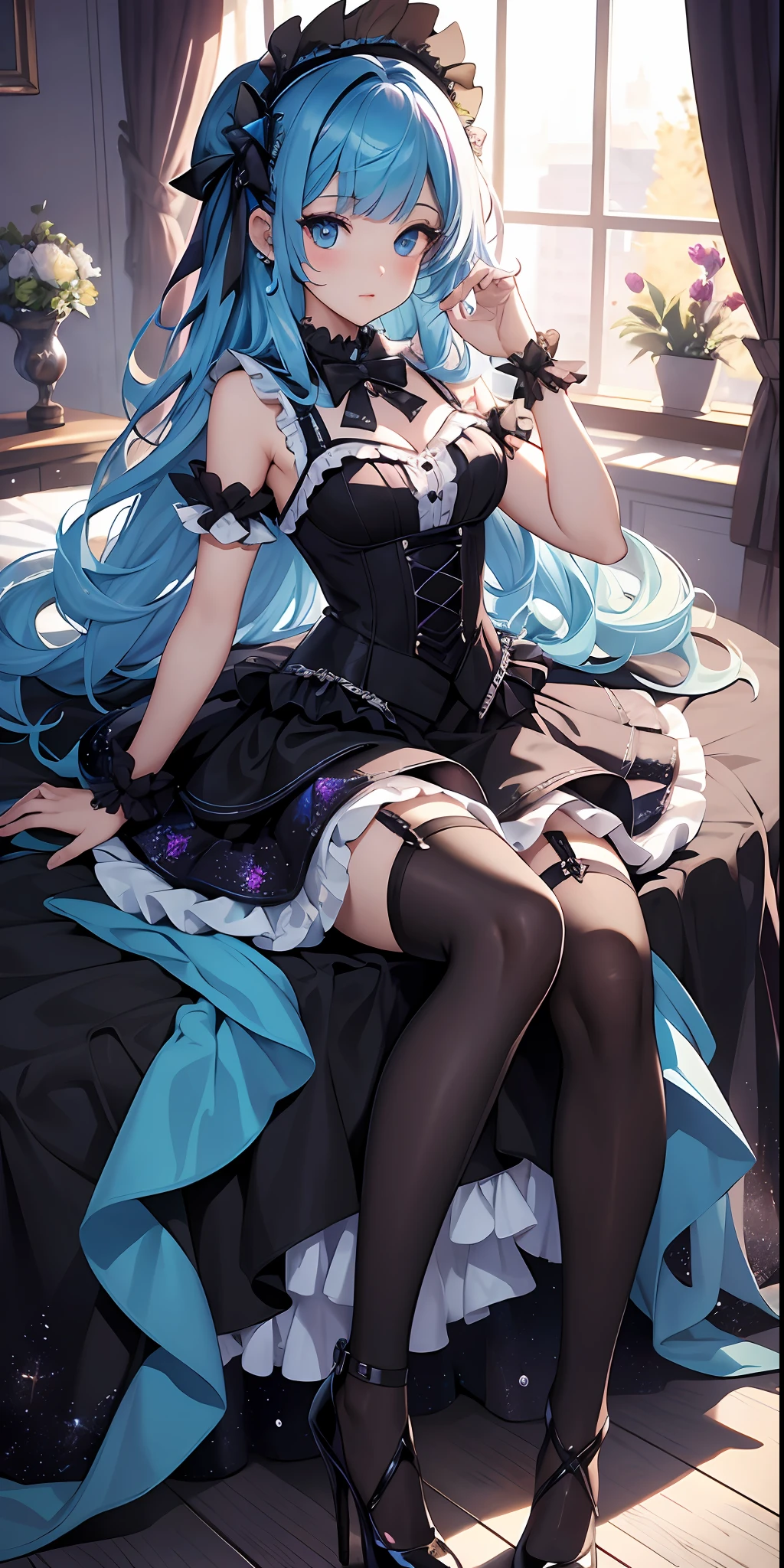 best qualityer，tmasterpiece，Ultimate resolution，downy，Extremely colorful，Colorful，Mermaid princess，Lolita dress，Black suspender stockings，Fishmouth heels，starrysky