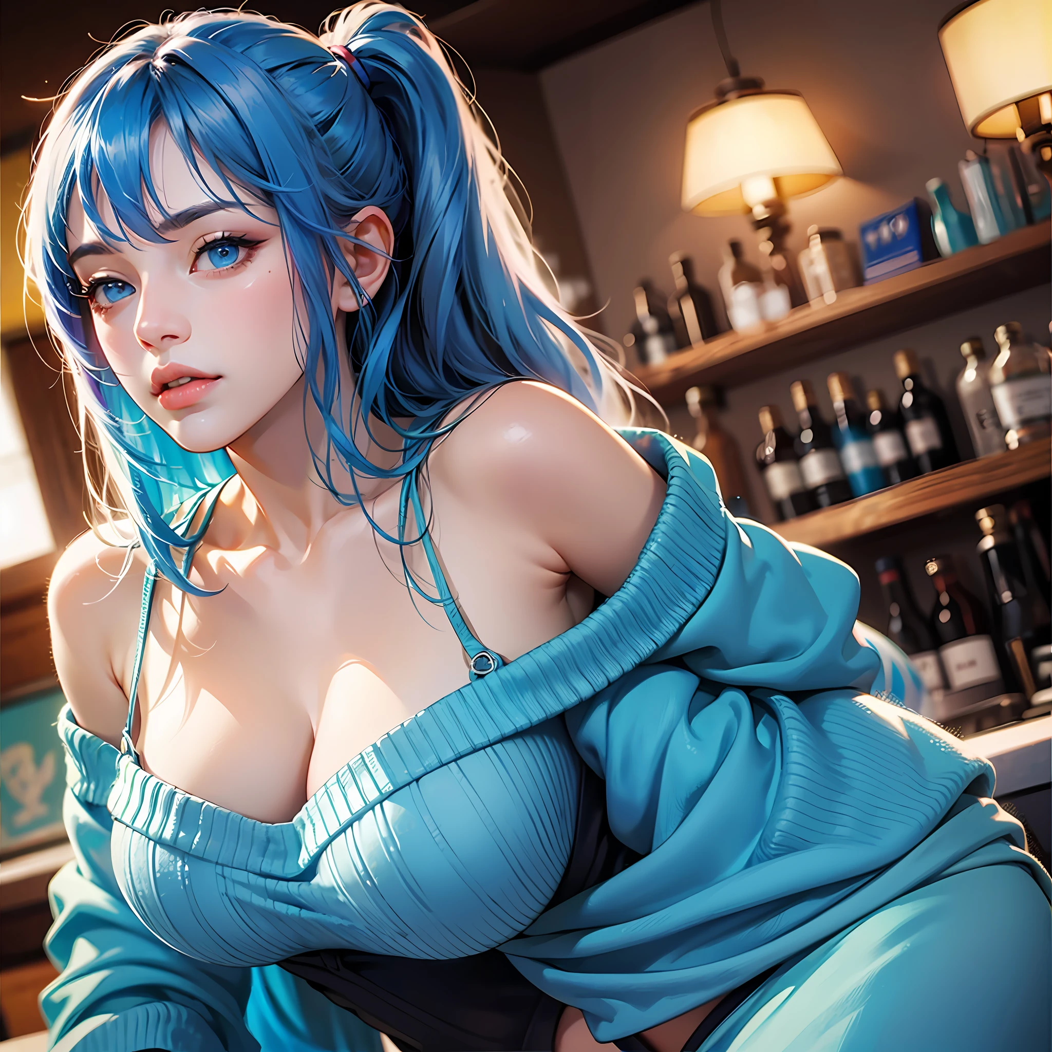 8K、top-quality、Masterpiece、An ultra-high picture quality、ultra-detailliert、Super beautiful、animesque、Ultra-realistic flesh feeling、full bodyesbian、Drinking a latte、Off-shoulder blue knitwear、Beautuful Women、Long blue hair、poneyTail、Blue eyes、shinny skin、Very gigantic-breasts、extremely big ass、shinny skin 、The background is a café --auto --s2