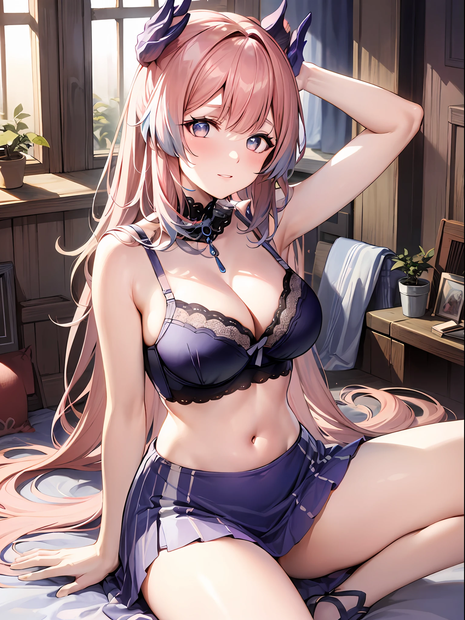 Best quality, pink hair, large breasts, cleavage, navel, t-shirt, ((bra)),clothes lift, skirt, lying, full Body, perfect body ,sitting, armpit