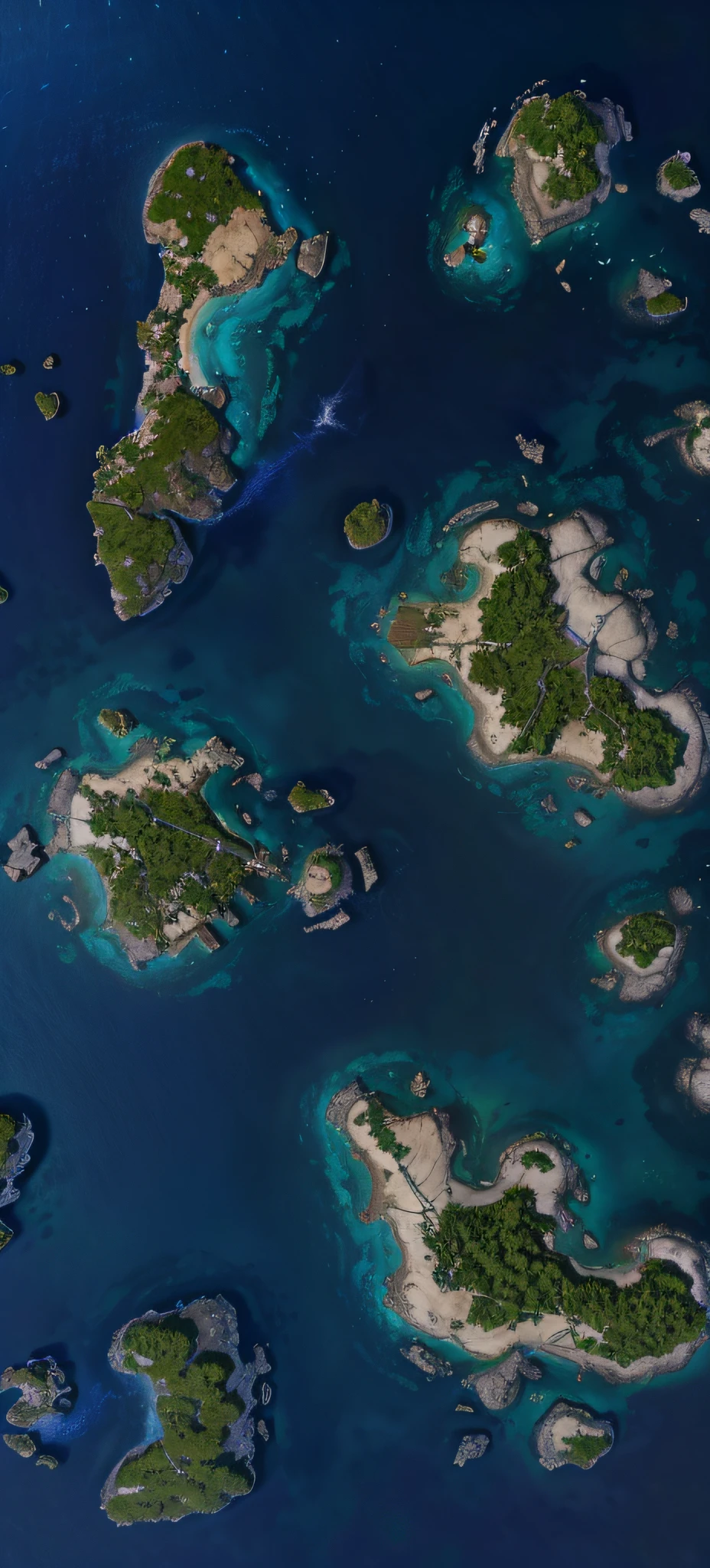 Aerial view of Alfed，A group of islands located in the ocean, scattered islands, two medium sized islands, epic matte painting of an island, game map matte painting, steam workshop maps, Island background, many islands, detailed photo of virtual world, looking from above, an exquisite 3 d map, mid-air, Quarksel textures, hyperdetailed 3d matte painting