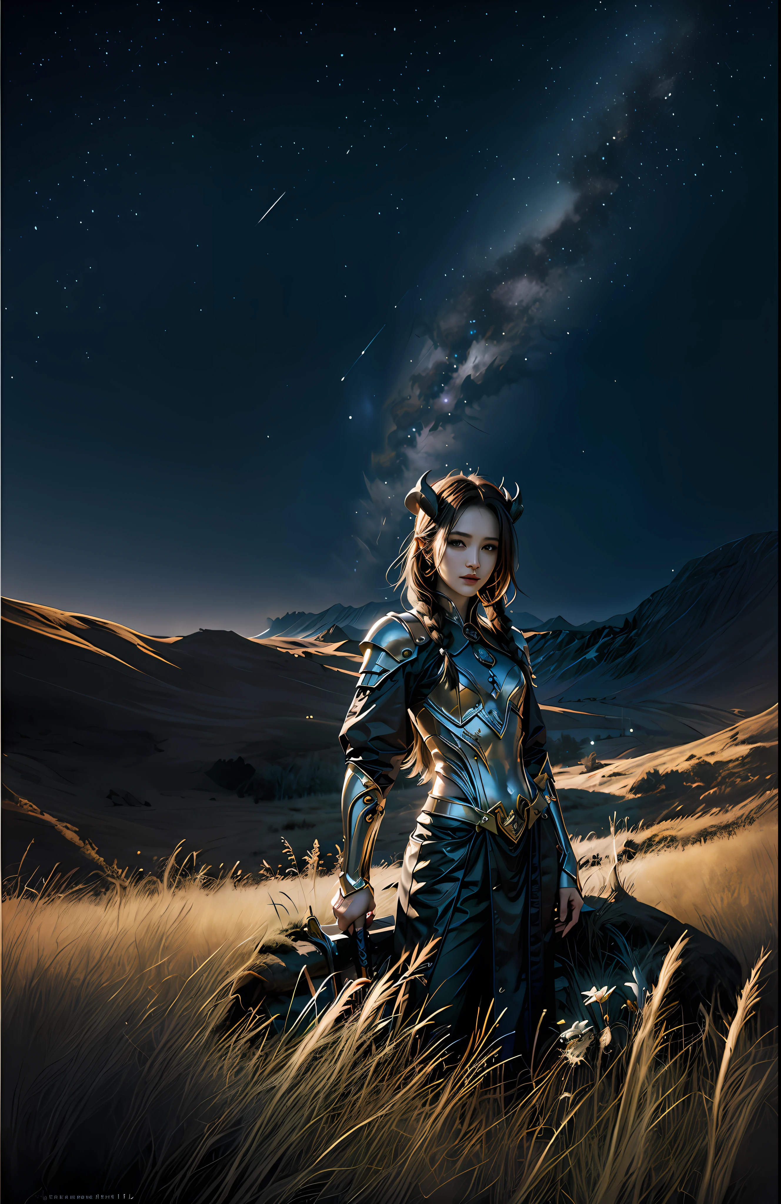 ((starrysky)),((((Sheep's horns)))), (There is a stone sculpture of a sheep),tarot design,(Aries symbol:1.5),((((grassland background:1.2)))),The stars twinkle,((A sense of mystery)),Cosmic elements,Majestic and deep atmosphere,starlight embellishment,dream colors),((Hyper-detailing))), (whirly,ventania:1.2),The farthest end, (Abyss),Extraordinary lighting,art painting,offcial art,统一 8k 壁纸,ultra - detailed,romanticism lain,((tmasterpiece)),The background is blurred out,The color palette of the artwork should be based on fairy tale fantasy、Mythological fantasy and high fantasy with saturated colors。The image should have a dreamy ethereal atmosphere,Atmospheric and volumetric lighting and dynamic lighting are utilized to emphasize the awesome aura of the image,fanciful,