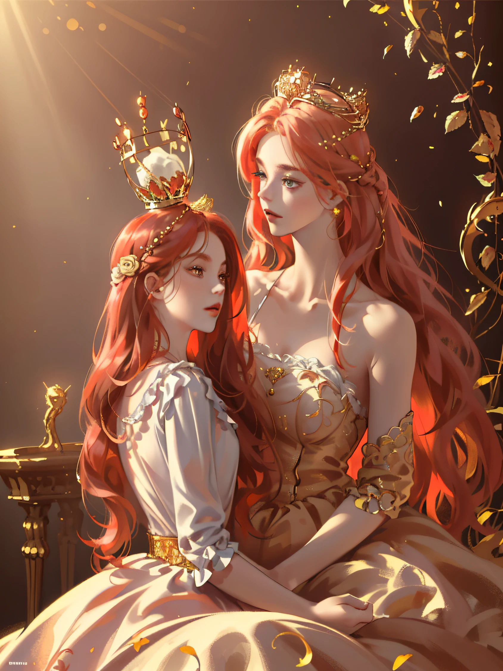 (((Masterpiece)), high quality, super detailed, red hair + golden clothing: 1.2, sweet and delicate girl, delicate facial features, perfect body, Lolita, crown, face with decoration, rose, bright bright colors, pearl white background, romantic long hair, natural light, warm and sweet, golden eyes, gorgeous hair decoration.