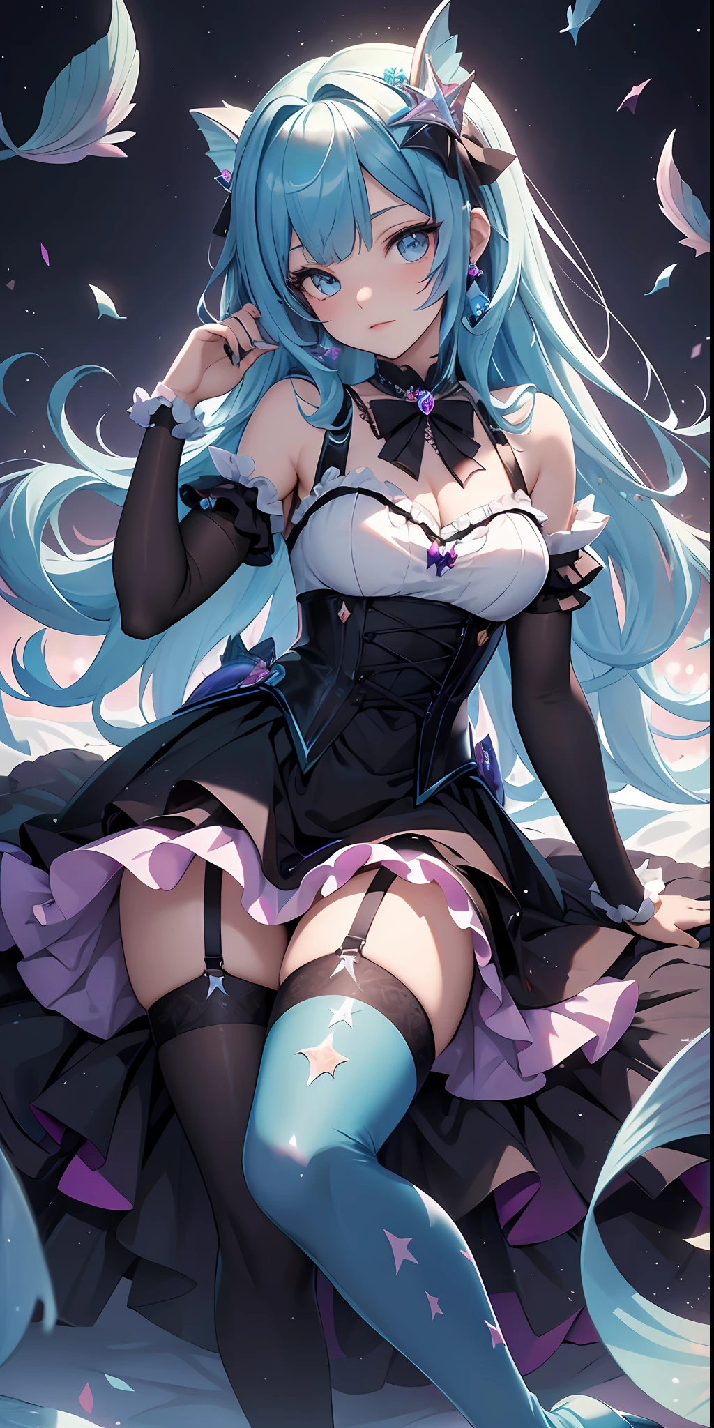 best qualityer，tmasterpiece，Ultimate resolution，downy，Extremely colorful，Colorful，Mermaid princess，Lolita dress，Black suspender stockings，Fishmouth heels，starrysky