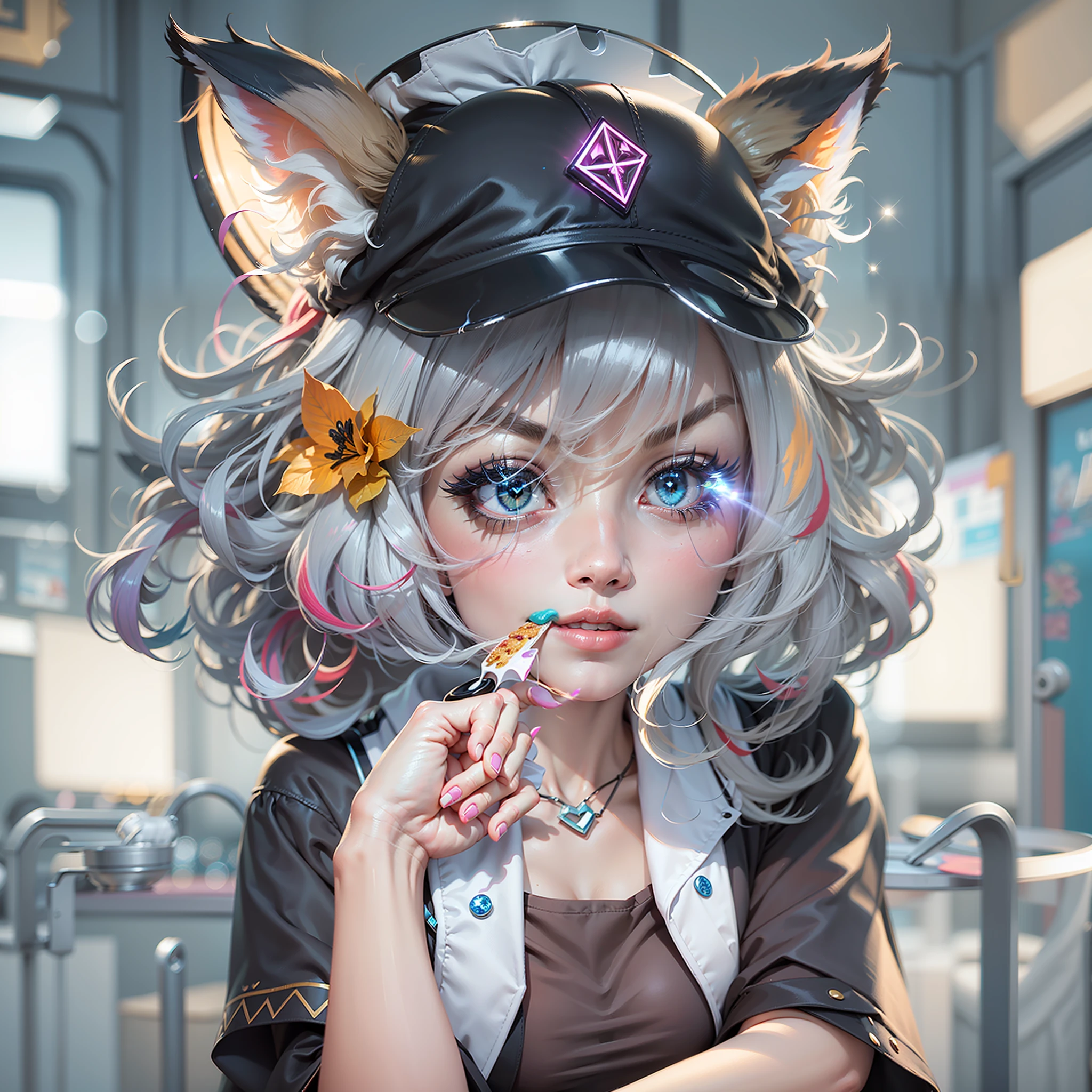 black hair, streaked hair, multicolored hair, colored inner hair, blonde hair, grey hair, silver hair, white hair, silver hair, brown hair, light brown hair, purple hair, black hair, red hair, blue hair, dark blue hair, halo, mini top hat, tokin hat, beret, hood, nurse cap, mole under eye, heart-shaped pupils, rolling eyes, animal ears, fox ears, makeup, food on face, Surrealism, Surrealism, Color Field painting, Art Deco, rococo style, high detail, blind box toy style, Cubist Futurism, Conceptual art, Futurism, Social realism, chiaroscuro, depth of field, cinematic lighting, chiaroscuro, motion blur, chromatic aberration, sparkle, border, afterimage, framed, outside border, pov, lens flare, lens flare, 8k, super detail, retina, UHD, masterpiece, ccurate, anatomically correct, textured skin, super detail, high details, high quality, award winning, best quality