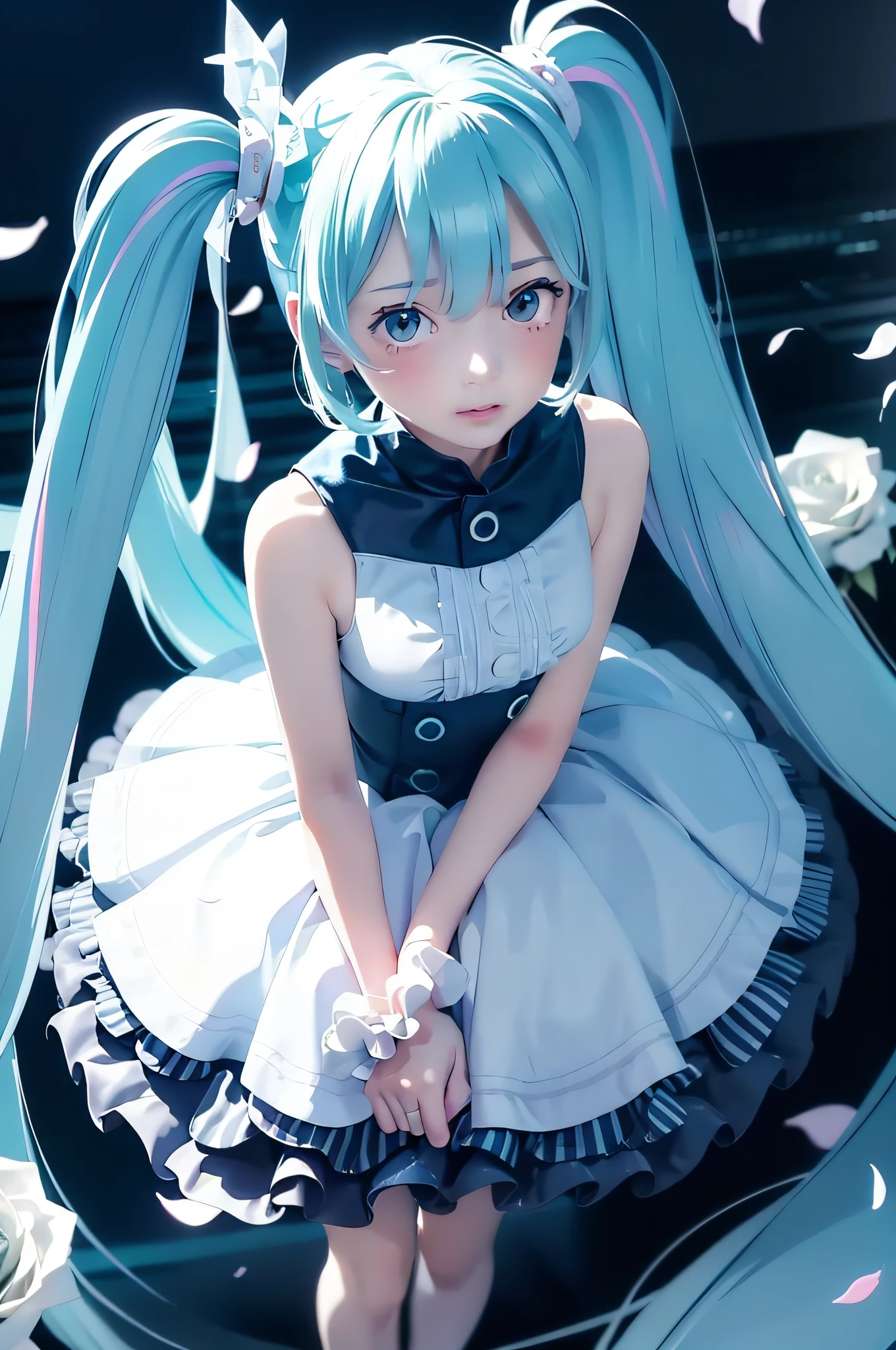 Face focus, Masterpiece, Best quality, 1girll, Hatsune Miku, White roses, petals, Night background, glowworm, light particules, Solo, Double-tailed water-colored hair, aqua eyes, standing, Pisif, Depth of field, Cinematic composition, BEST lighting, Looking up