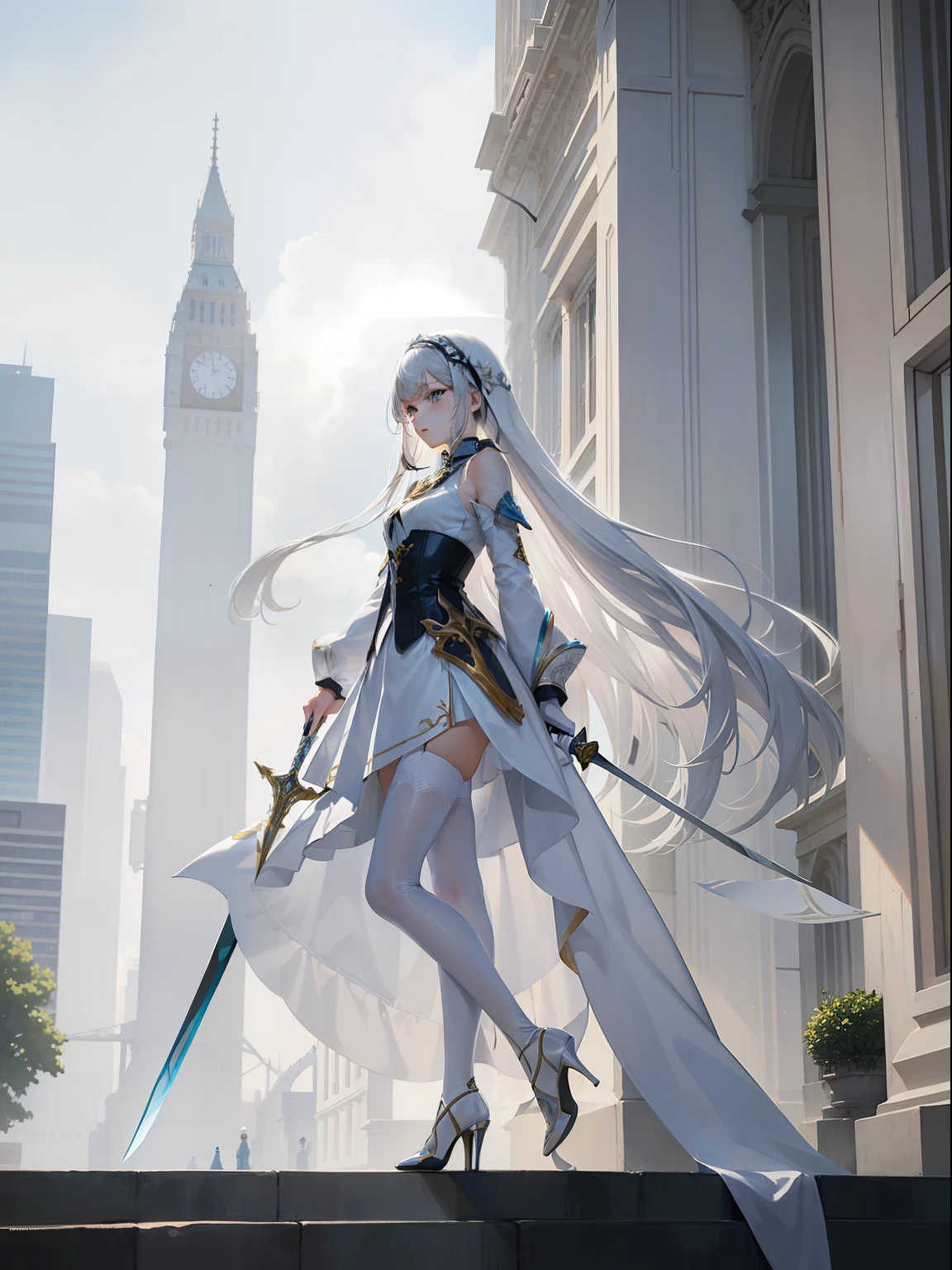 Silver-white girl with long hair,Dressed in a dress trimmed with white and gold,Stand on a towering building,Wear high heels,Sword in hand,(best qualtiy:1.4), (A detailed:1.5), (tmasterpiece:1.3),White stockings