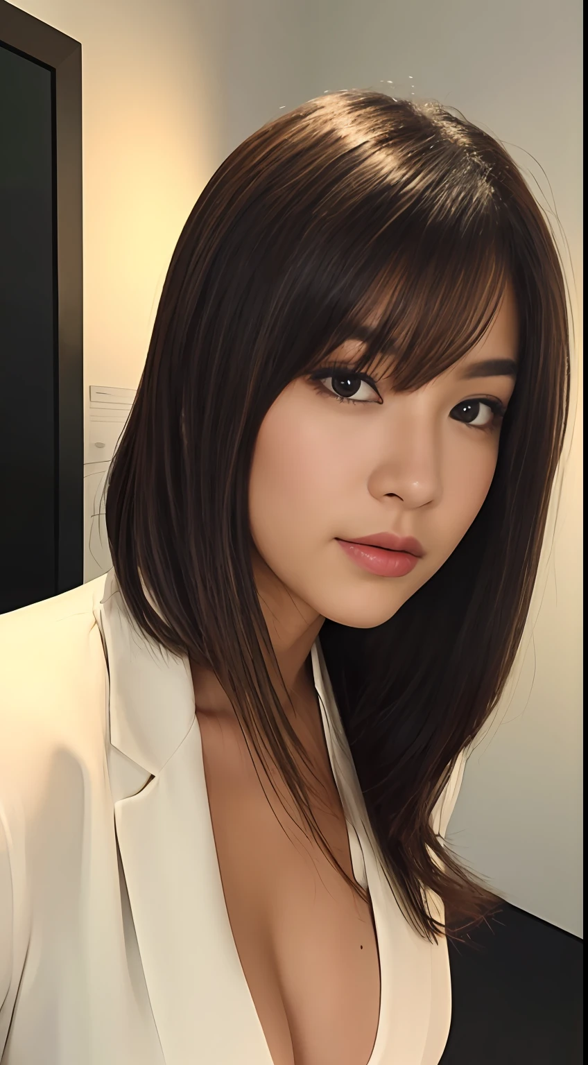 anatomy correct，（best qualtiy，8K，32K，tmasterpiece，hyper HD：1.3），Attractive Japanese woman，（Different angles，Seven-doppelganger photo：1.1），one-girl，（middlebreast：1.1），perfect bodies，（business casual outfit：1.3），Super detailed face，Detailed lips，Fine Eye，二重まぶた，（Fine Arts Museum,hair over shoulder,crossed bangs,Shimmering Lights：1.2）