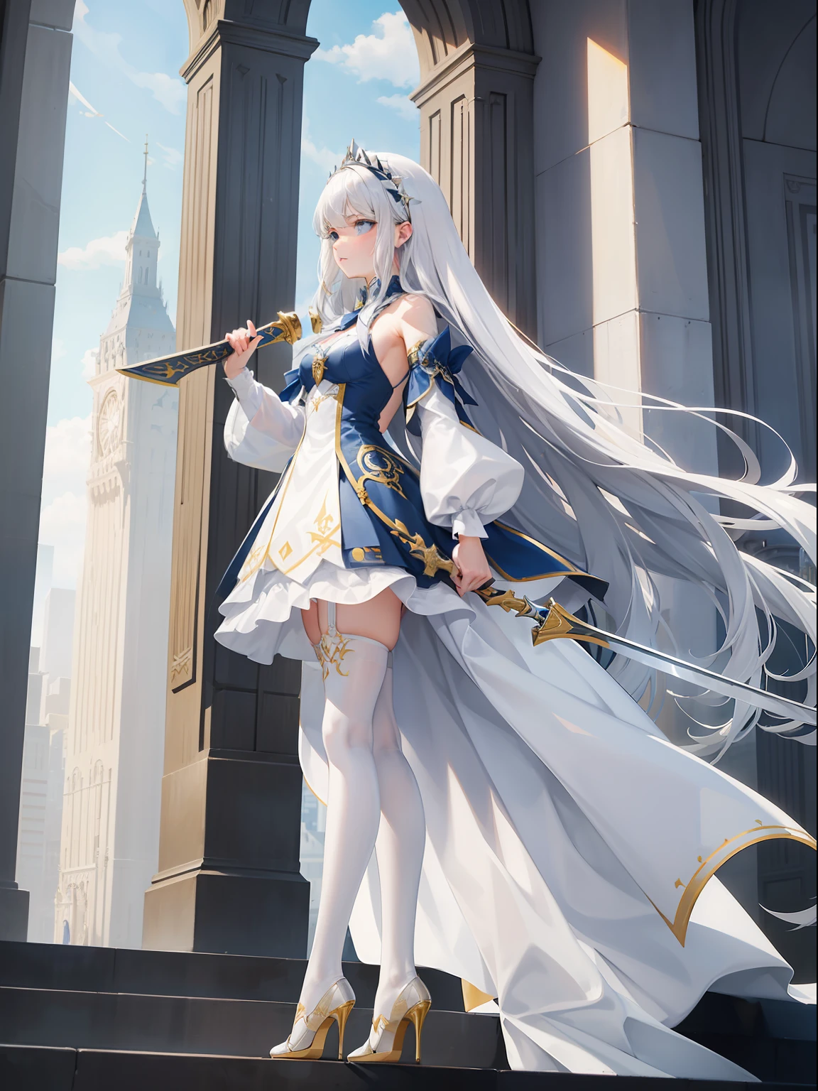 Silver-white girl with long hair，Dressed in a dress trimmed with white and gold，Stand on a towering building，Wear high heels，Sword in hand，（best qualtiy：1.4）， （A detailed：1.5）， （tmasterpiece：1.3），White stockings
