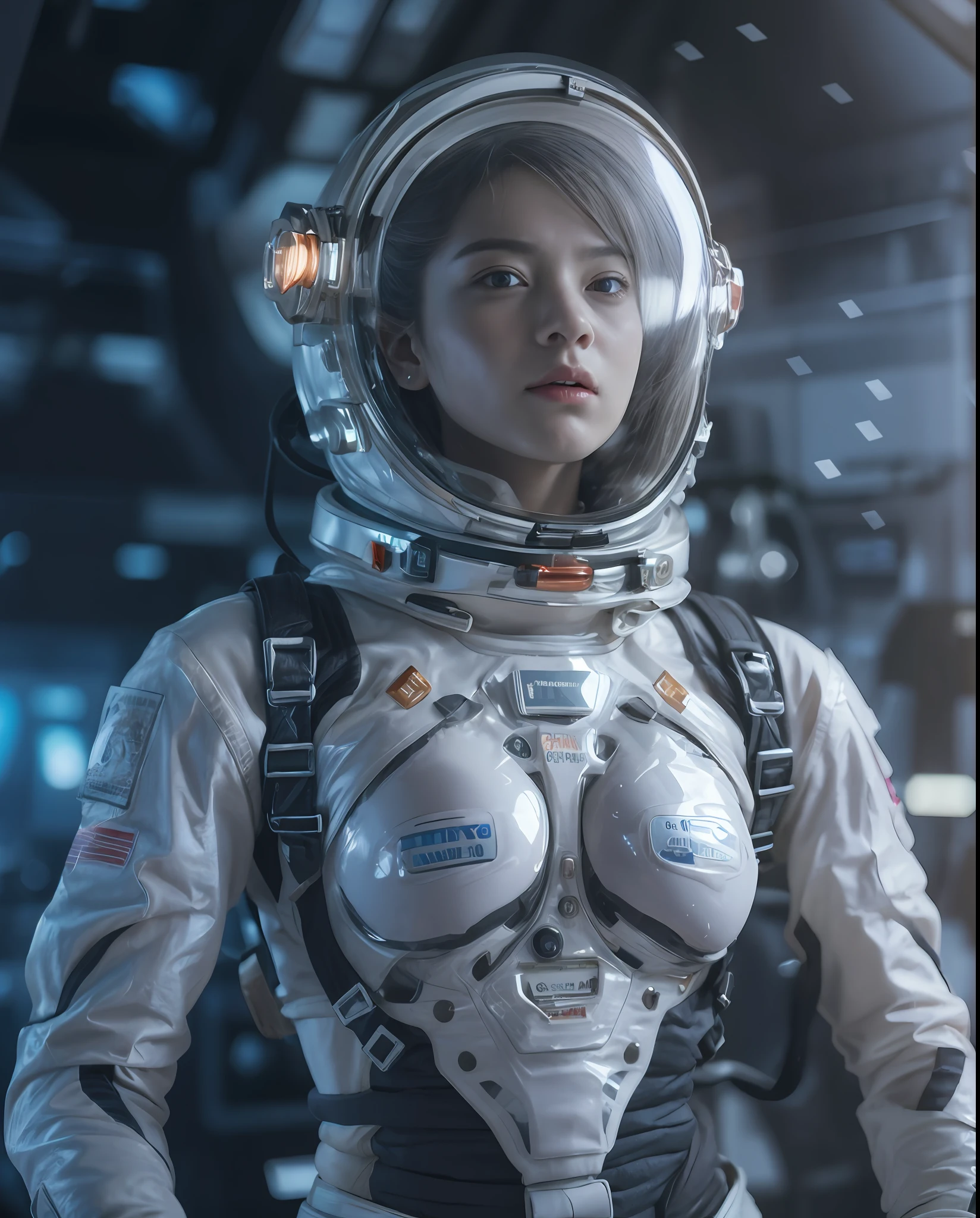 cinematic colorgrading film, dramatic movie scene, photography, RAW, Masterpiece, ultra wide angle, Ultra Fine Photo, medium breast, Best Quality, Ultra High Resolution, Photorealistic, volumetric light, Stunningly Beautiful, half body, Delicate Face, Vibrant Eyes, RAW photo, 1girl, solo, 1girl, spacesuit, space_helmet, future tech, futuristic, hologram augmented realities, (extremely detailed CG unity 8k wallpaper), of the most beautiful artwork in the world, professional photography, trending on ArtStation, trending on CGSociety, Intricate detail, High Detail, Sharp focus, dramatic, photorealistic, cyberpunk, futuristic, slim body, (high detailed skin:1.2), 8k uhd, dslr, soft lighting, high quality, film grain, glossy, (Highest quality:1.3), (sharp focus:1.5), (photorealistic:1.3), (highly detailed skin), (detailed face), (high detailed skin:1.2), (glistening skin:1.2), cyborg arms, (highly detailed skin textures:1.15), (detailed face), (high detailed skin:1.2), (glistening skin:1.15), glossy, wearing spacesuit,space_helmet, (nights:1.2), fog, (sparkles:1.2), film grain, glossy, space stations, white thighhighs, space cabin, floathing