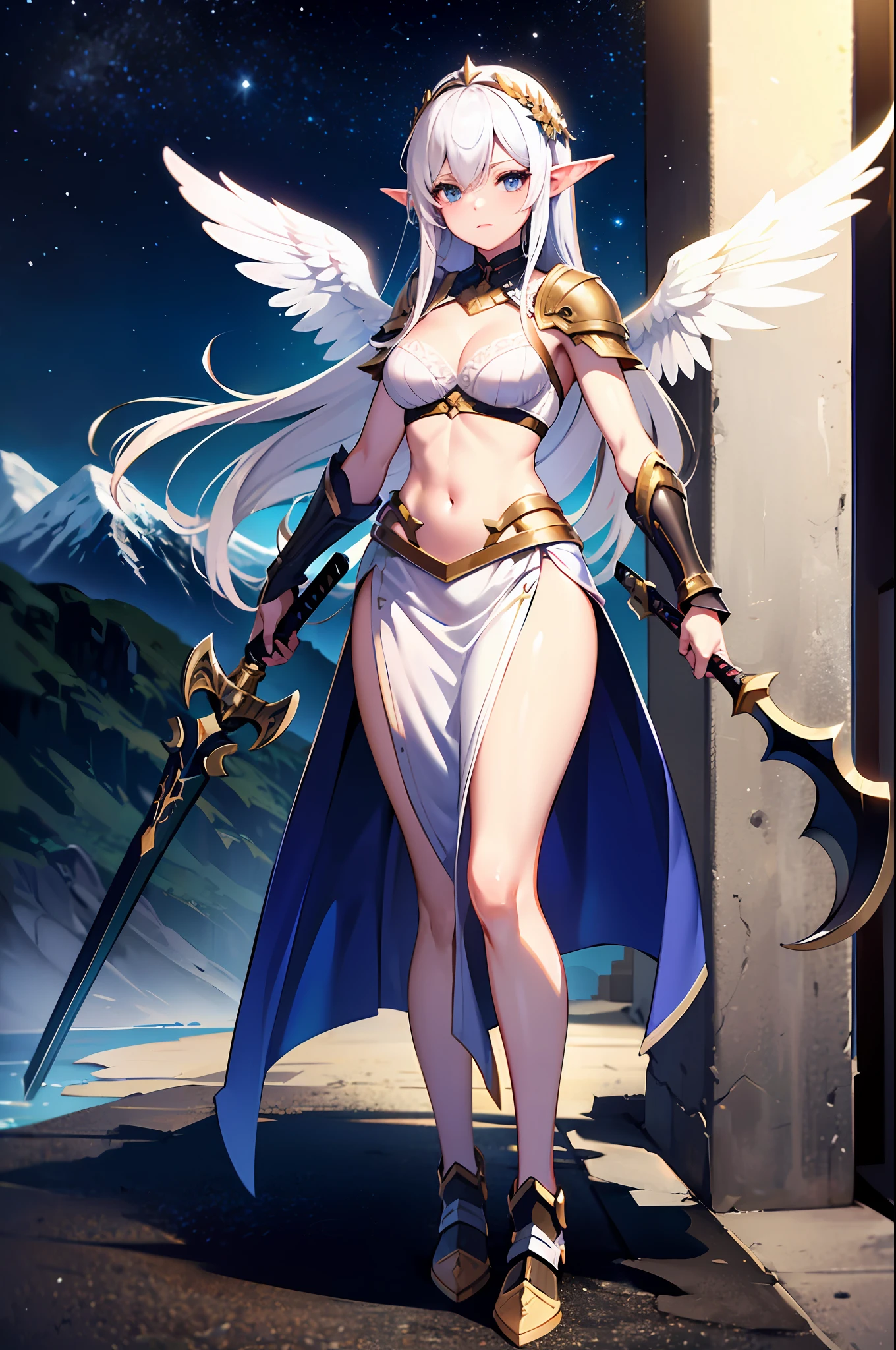 ((4k,masterpiece,best quality)), maxiskit, dress conservatively 1 girl, solo, full body, wide shoot, standing, holding sword down, white hair, long hair, elf ears, Valkyrie, armor, angel, white bra, side bang, from front, extra size body, night, mountain, look at viewer