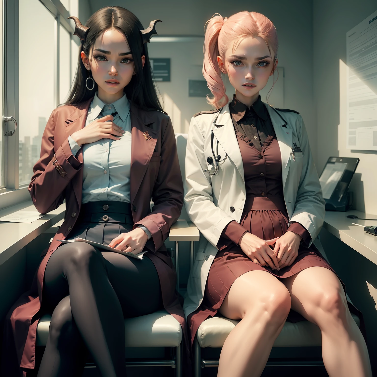(2 demonic angels sitting in doctor's office with doctor's coat