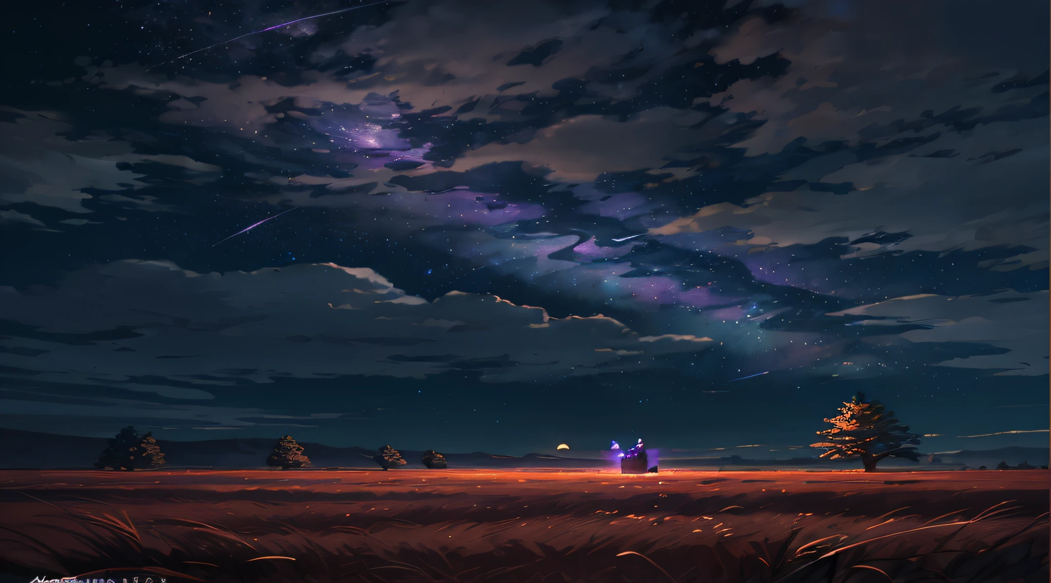 A wide landscape photo, (viewed from below, the sky is above, and the open field is below), a matured man sitting on grass field looking up, clear face (full moon: 1.2), (meteor: 0.9), (nebula: 1.3), distant mountains , Trees BREAK Crafting Art, (Warm Light: 1.2), (Firefly: 1.2), Lights, Lots of Purple and Orange, Intricate Details, Volumetric Lighting BREAK (Masterpiece: 1.2), (Best Quality), 4k, Ultra Detailed, (Dynamic Composition: 1.4), Rich in Detail and Color, (Rainbow Color: 1.2), (Glow, Atmospheric Lighting), Dreamy, Magical, (Solo: 1.2)