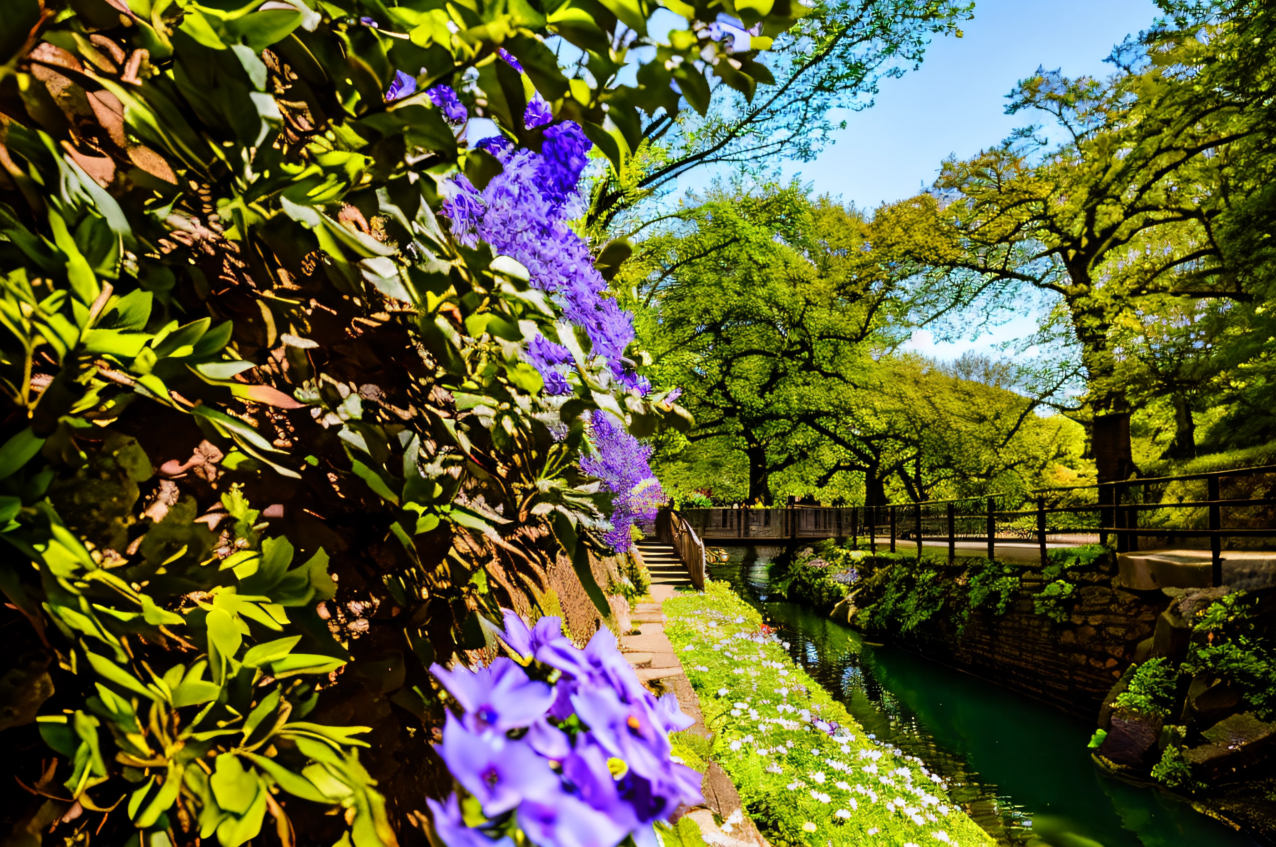 Purple flowers are blooming on the stone wall next to the river, City park with flowers, parks and gardens, leafy tree々and flowers, beautiful sunny day, flowers and trees, beautiful image, 8k 50mm iso 10, flowers and waterfalls, canal, river with low hanging plants, nature growing around the city, photo taken with canon 5d
