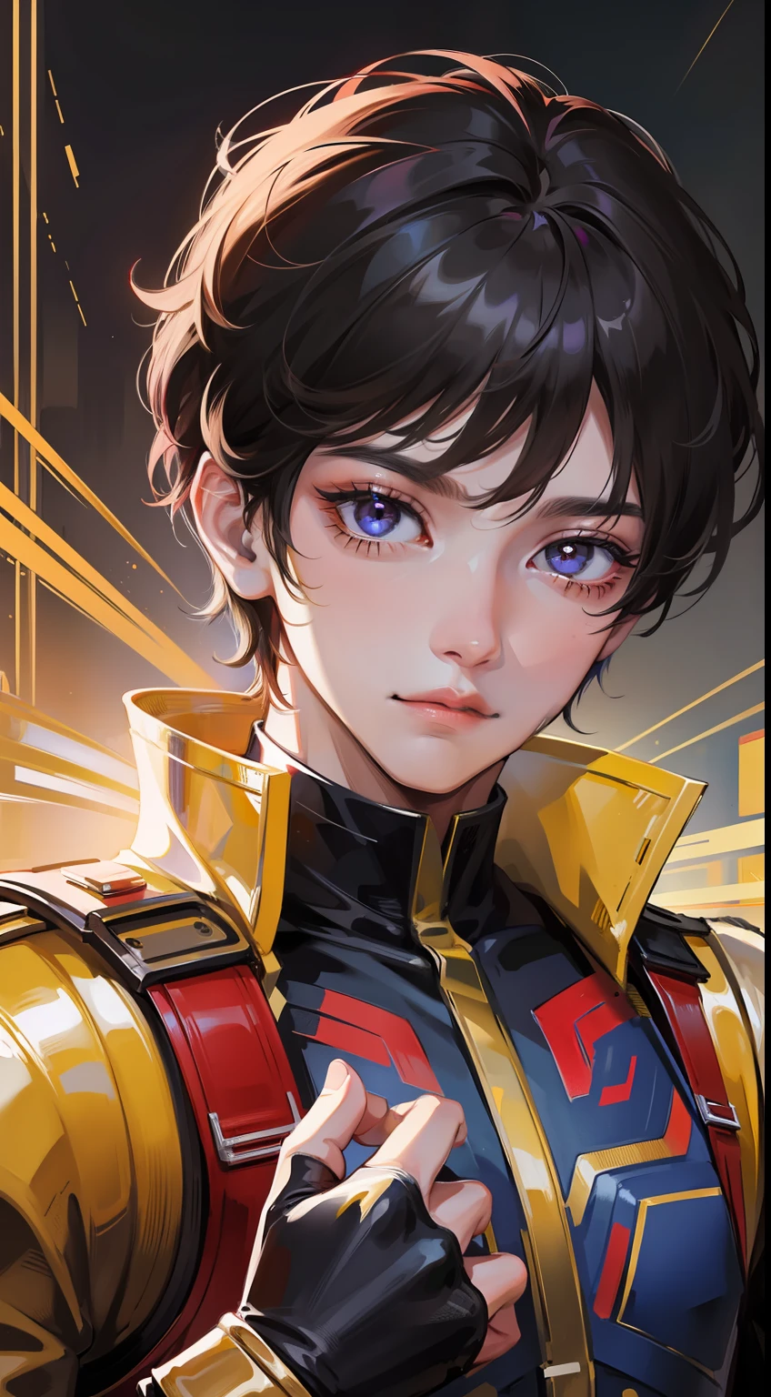 Young guy, short black hair, The eyes are red, Royal Uniform, The Infinity Gauntlet, Masterpiece, hiquality