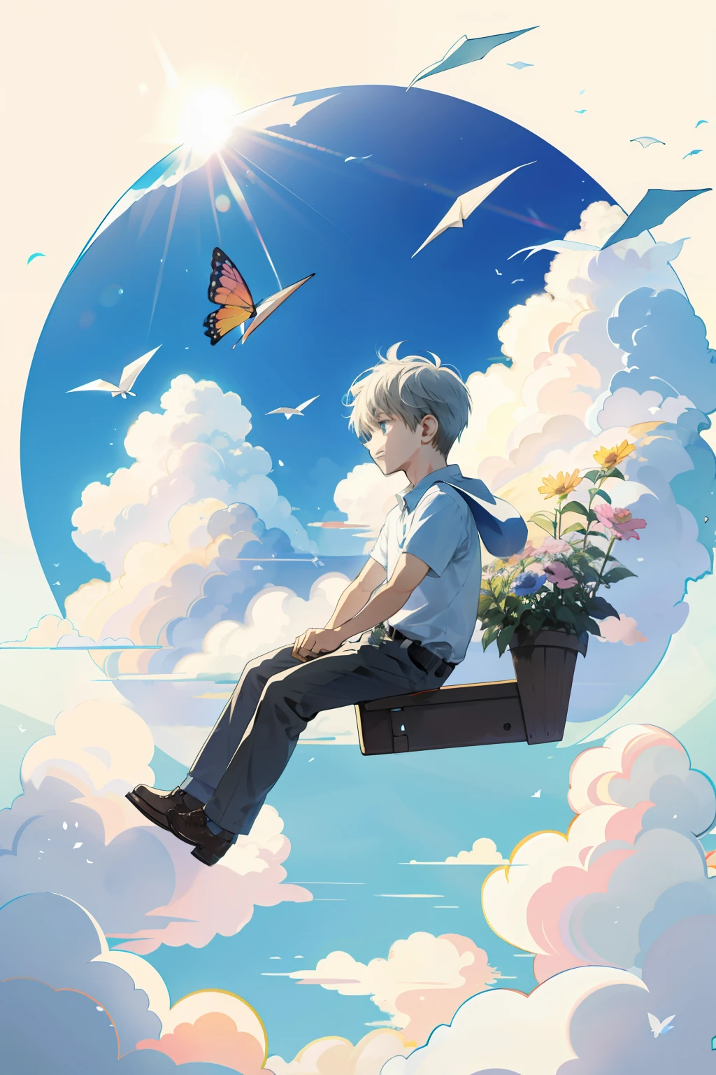 Paper airplanes，Clouds，dream magical，There was a little boy sitting on it，and the sun was shining brightly，Fluttering flowers，Delicate portrayal