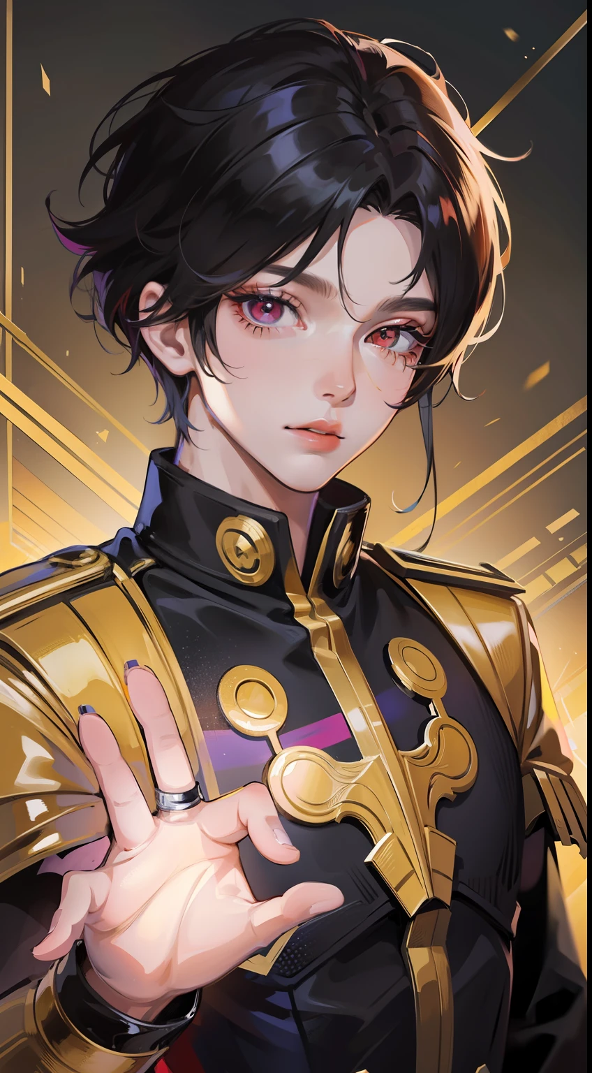 Young guy, short black hair, The eyes are red, Royal Uniform, The Infinity Gauntlet, Masterpiece, hiquality