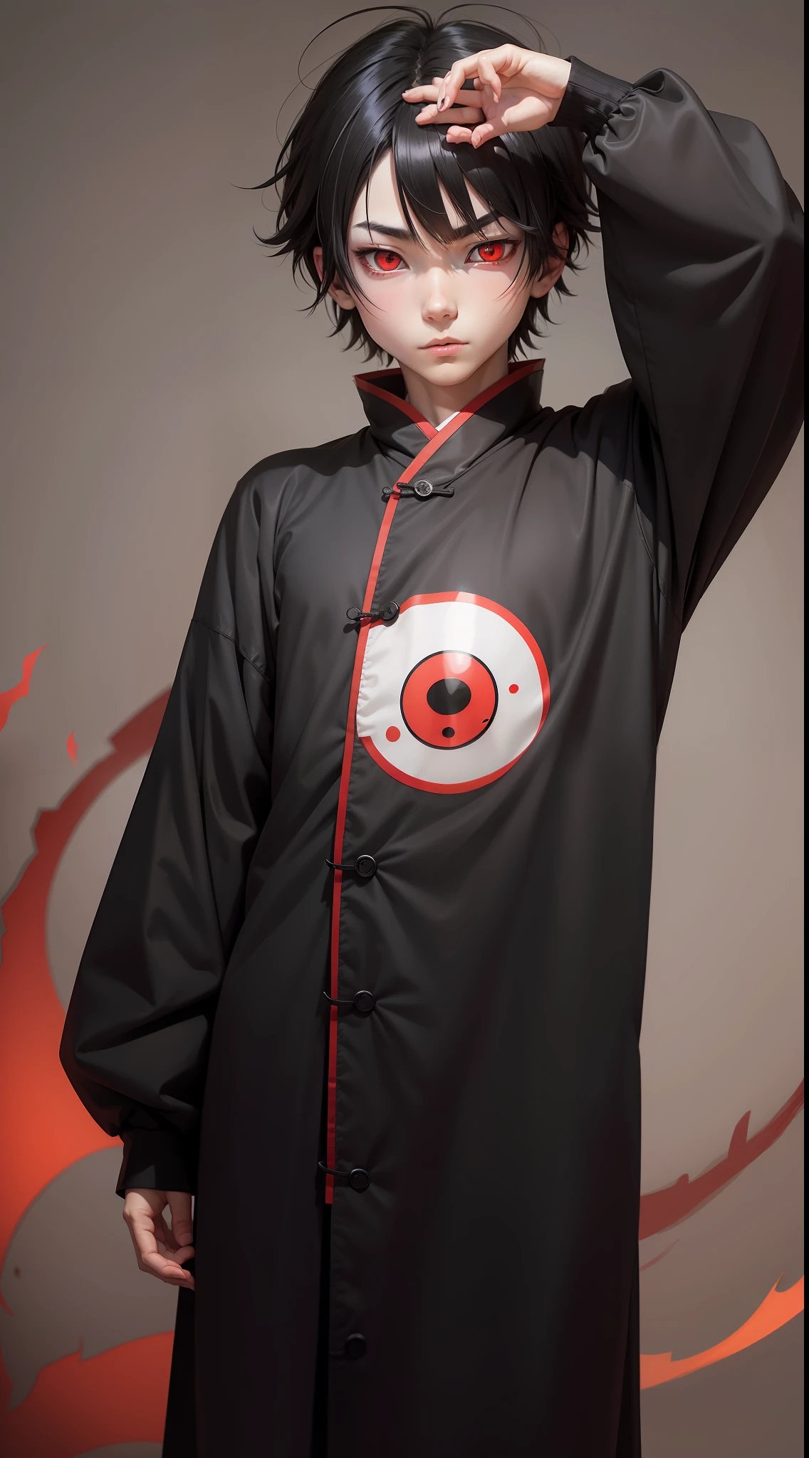 Anime boy with black clothes, red eyes with Japanese characters, creepy face.