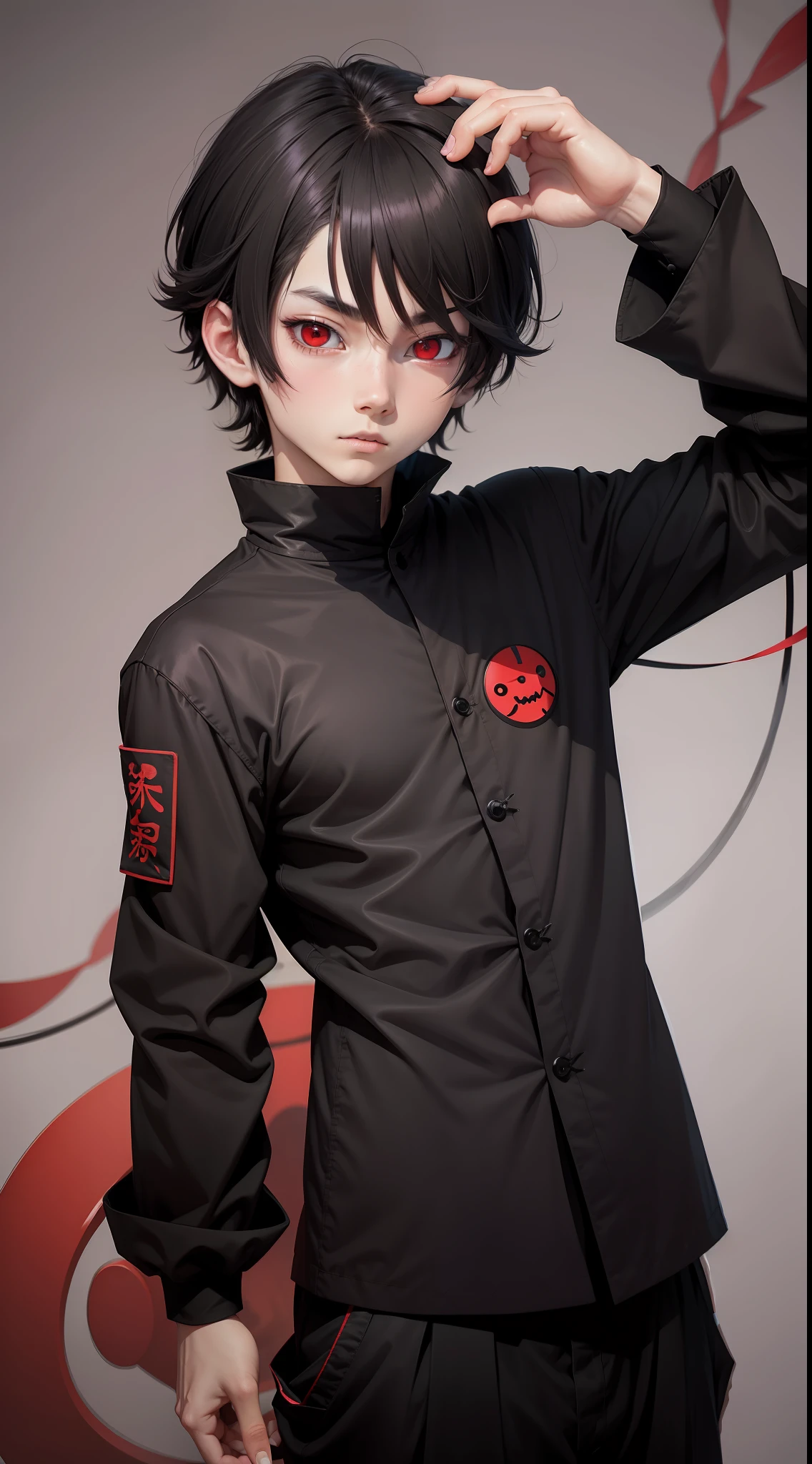 Anime boy with black clothes, red eyes with Japanese characters, creepy face.