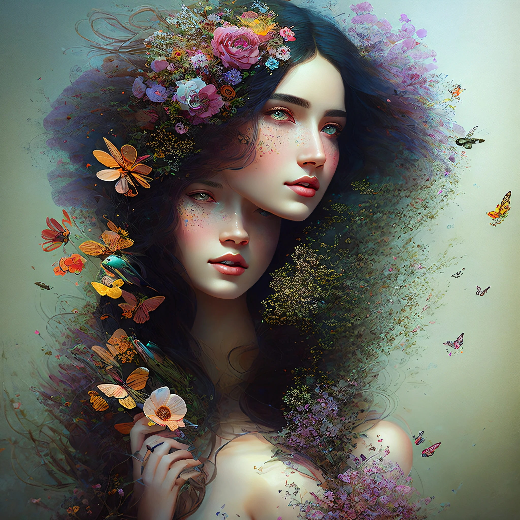 a close up of a woman with a flower in her hair, beautiful gorgeous digital art, a beautiful artwork illustration, beautiful digital artwork, beautiful fantasy art portrait, beautiful fantasy portrait, gorgeous digital art, beautiful digital art, in style of anna dittmann, beautiful digital illustration, exquisite digital illustration, stunning digital illustration, colorfull digital fantasy art, very beautiful digital art, birds, buterflies, petals, spring background, floers and butterflies in background with flowers