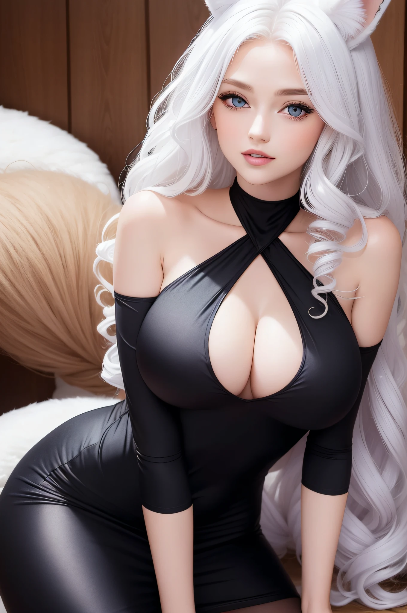 Woman with ,golden curly hair,Blue eyes,white fox ears,,black tight dress