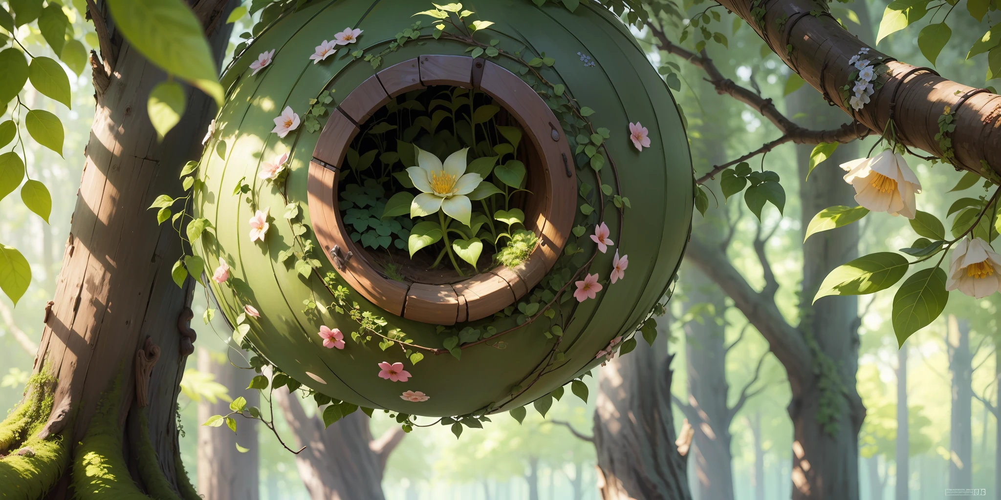 Magic bush with many flowering branches around a very well hidden green cocoon. Realistic, high quality, 16:9 --auto --s2
