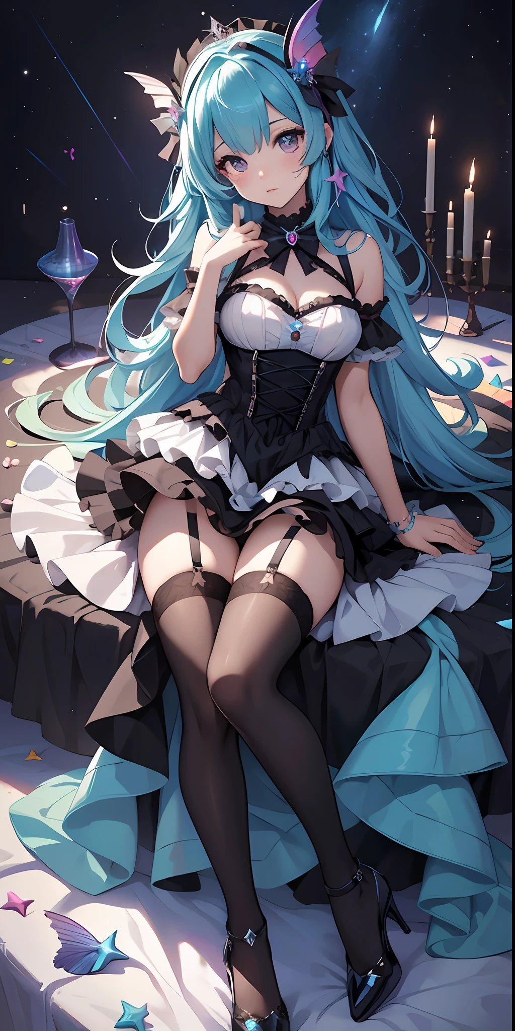 best qualityer，tmasterpiece，Ultimate resolution，downy，Extremely colorful，Colorful，Mermaid princess，Lolita dress，Black suspender stockings，Fishmouth heels，starrysky