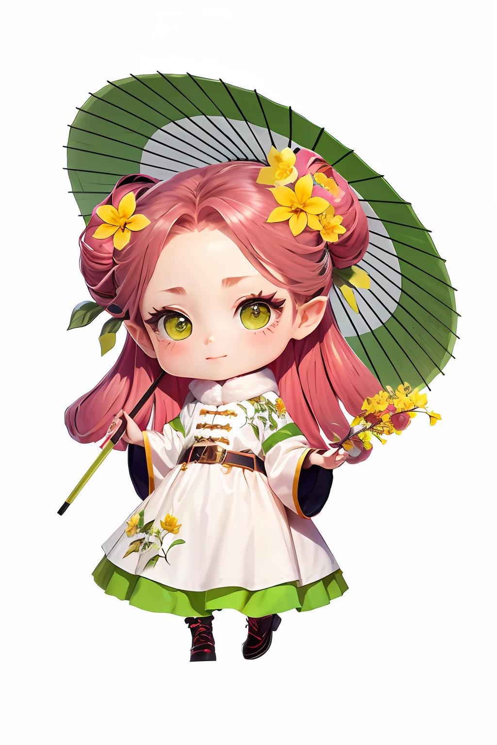 Refinement，8K，Holding yellow spring flowers in hand，The clothes are printed with yellow spring flower decorations，There are green hairpins on both sides of the hair，The head is decorated with spring flowers，More flower details，Umbrella handle detail