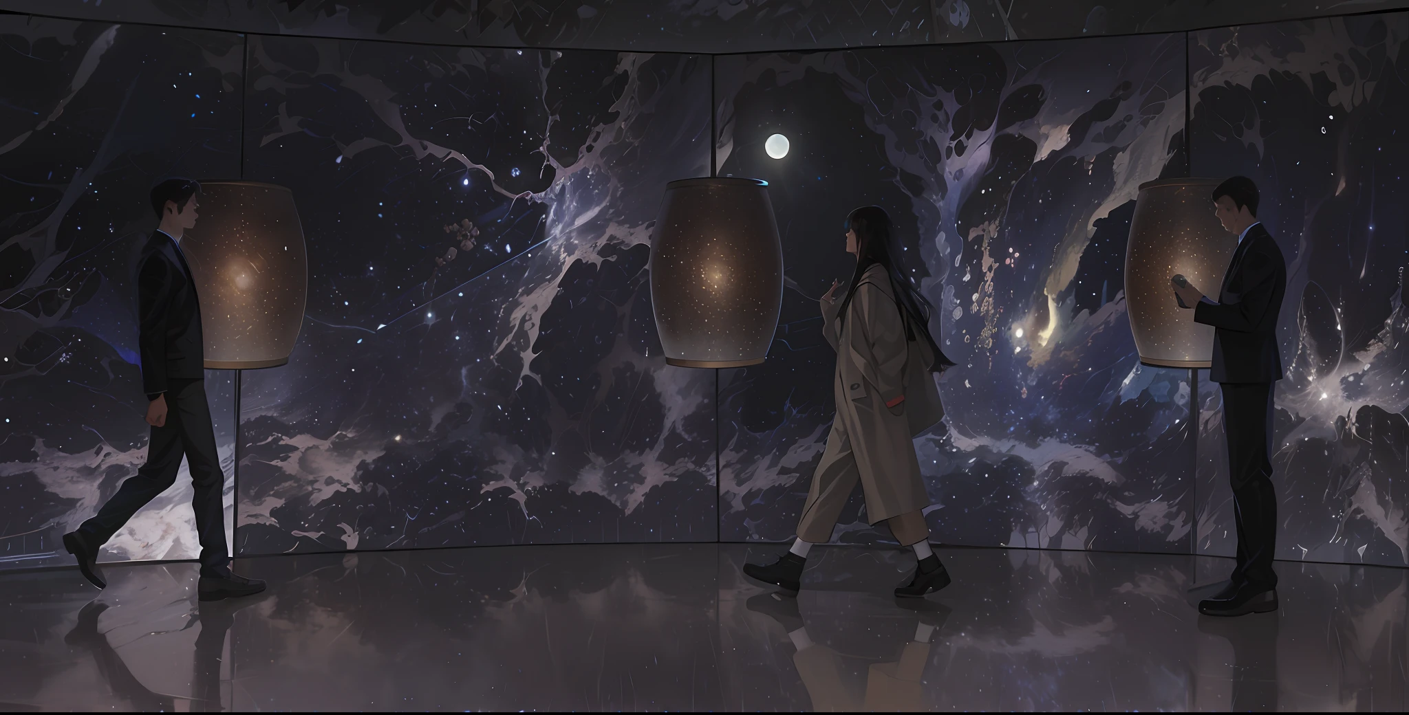 There were three people walking in a room,There is an electronic screen on the wall, Showing the universe,Glowing Milky Way, floating in a cosmic nebula, in a space starry, cosmos sem fim no fundo,
