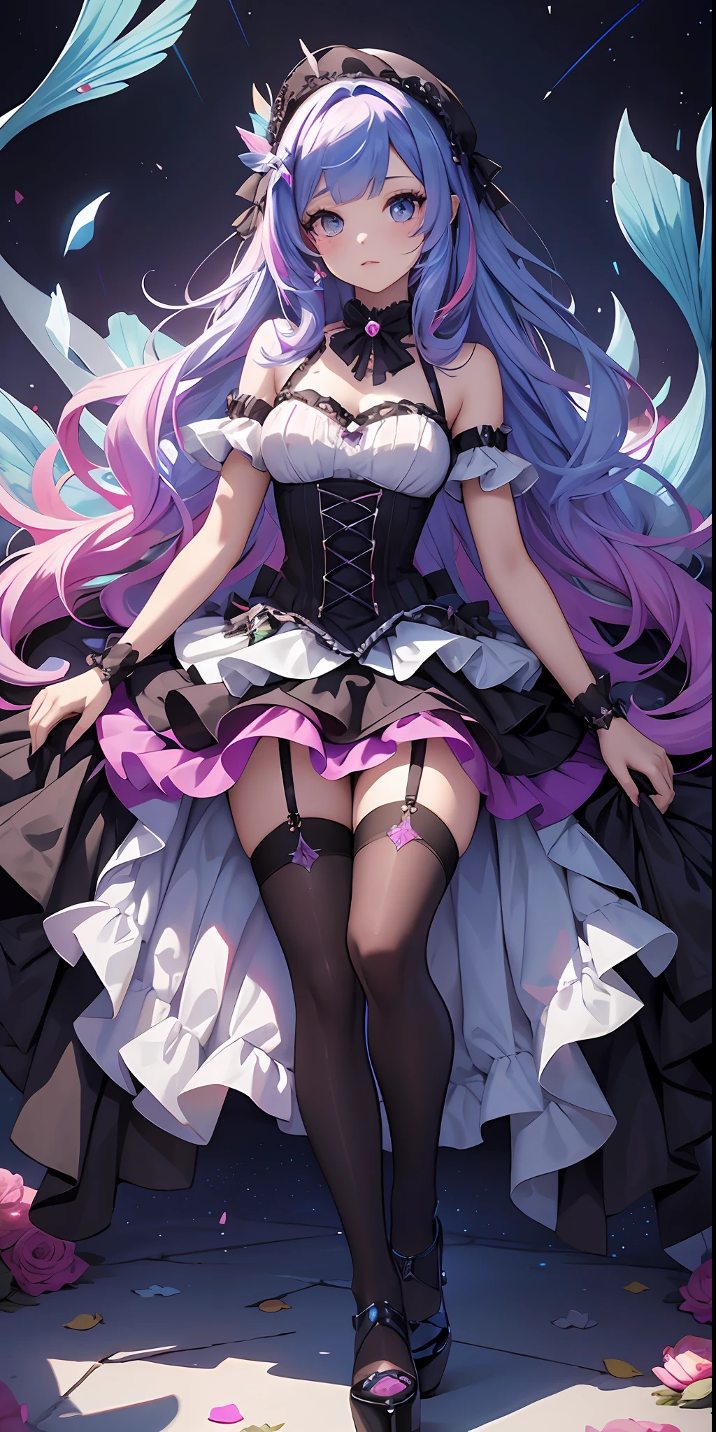 best qualityer,tmasterpiece,Ultimate resolution,downy,Extremely colorful,Colorful,Mermaid princess,Lolita dress,Black suspender stockings,Fishmouth heels,starrysky
