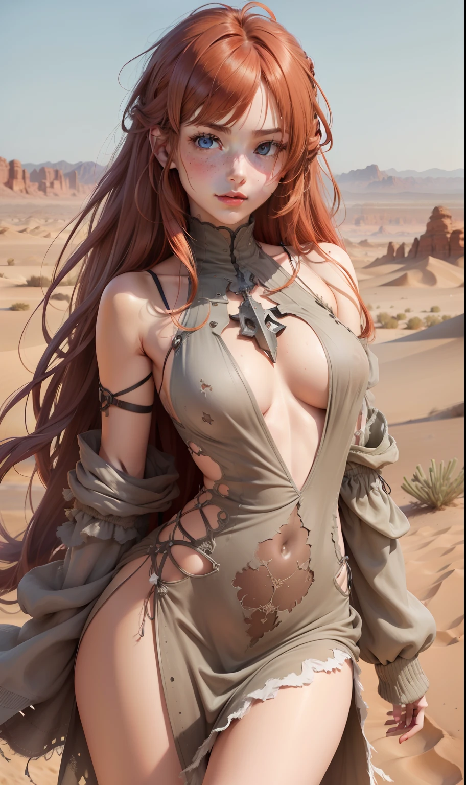 gentle beautiful girl, age 19, messy red hair, brown and gray heterochromia, ((tattered desert dress)), anatomically correct body, 8 life size, hourglass body, little smile, intimate, open minded, anime girl, face Clean detailed, intricated clothing, similar colors, nice gradients, depth of field, clean images, high quality, high detail, high definition, Luminous Studio graphics engine, faces, cute,