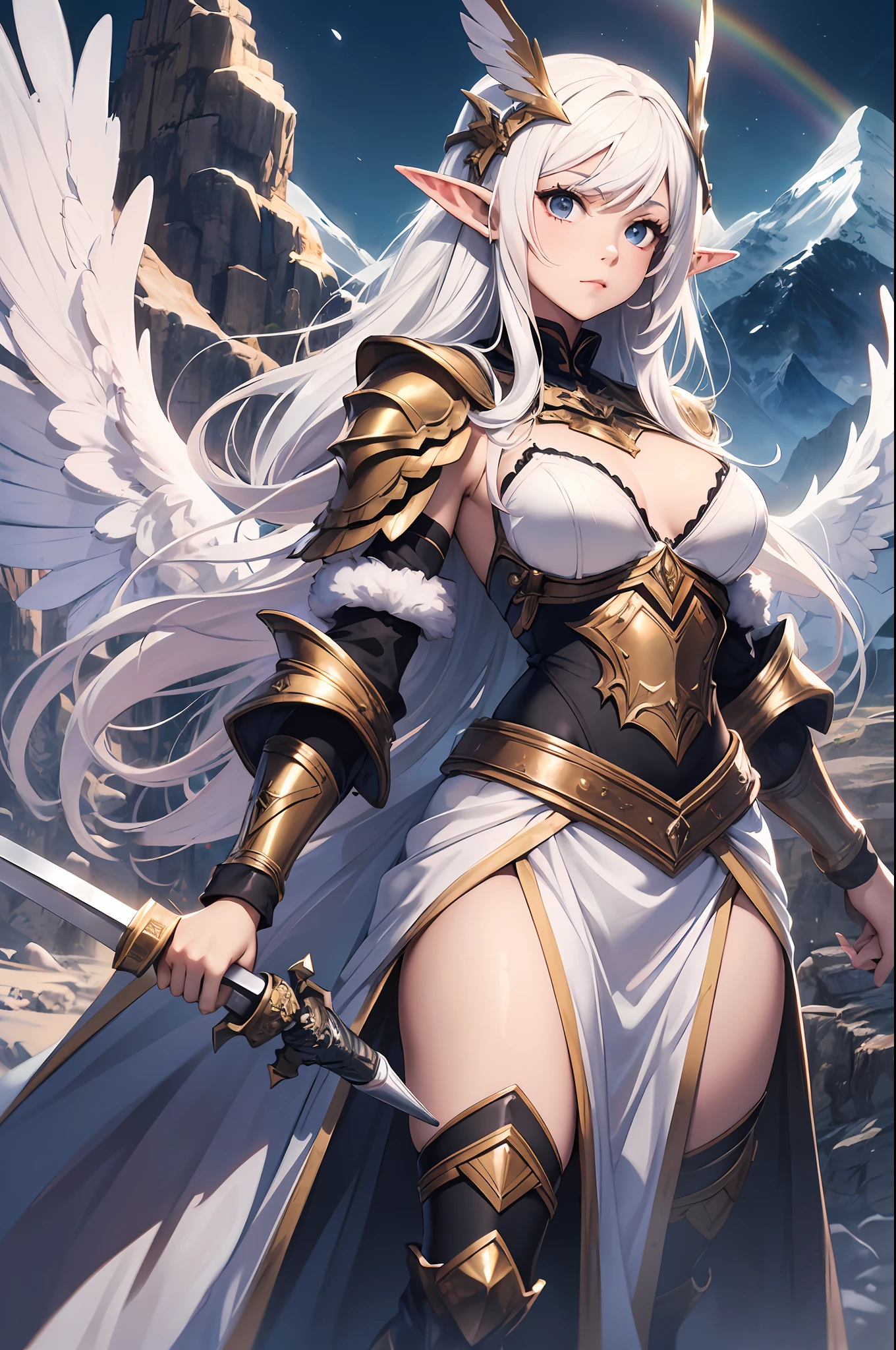 ((4k,masterpiece,best quality)), maxiskit, dress conservatively 1 girl, solo, full body, wide shoot, standing, holding sword down, white hair, long hair, elf ears, Valkyrie, armor, angel, white bra, side bang, from front, extra size body, night, mountain, look at viewer