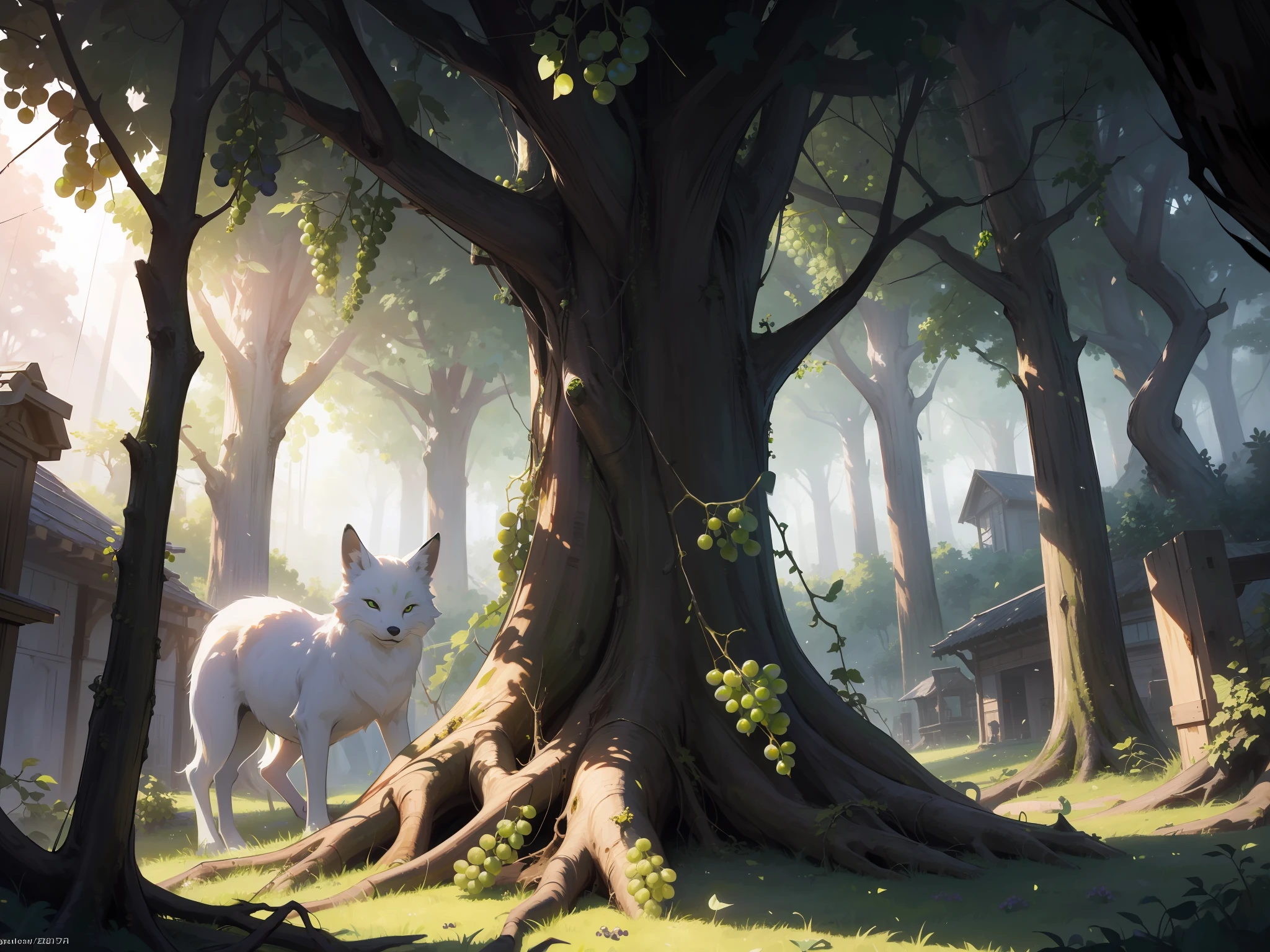 Masterpiece, Best quality,((Green grapes on the tree))，White fox under the tree，There is a dark cave under the roots of the dead tree,Some animals are around，