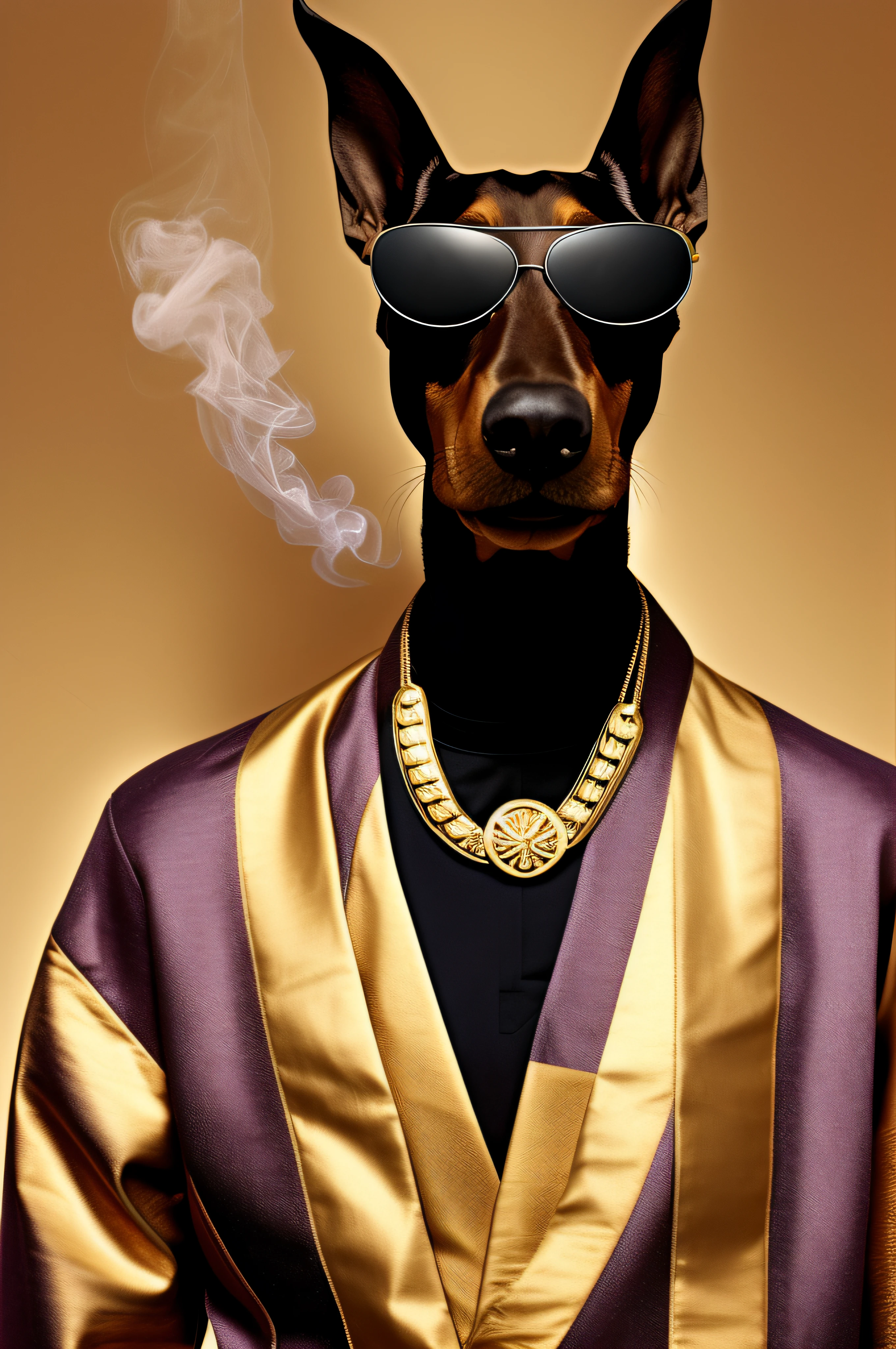 Doberman Pinscher resembling Snoop Dogg with a gold medallion around its neck, smoking a cigar, wearing sunglasses