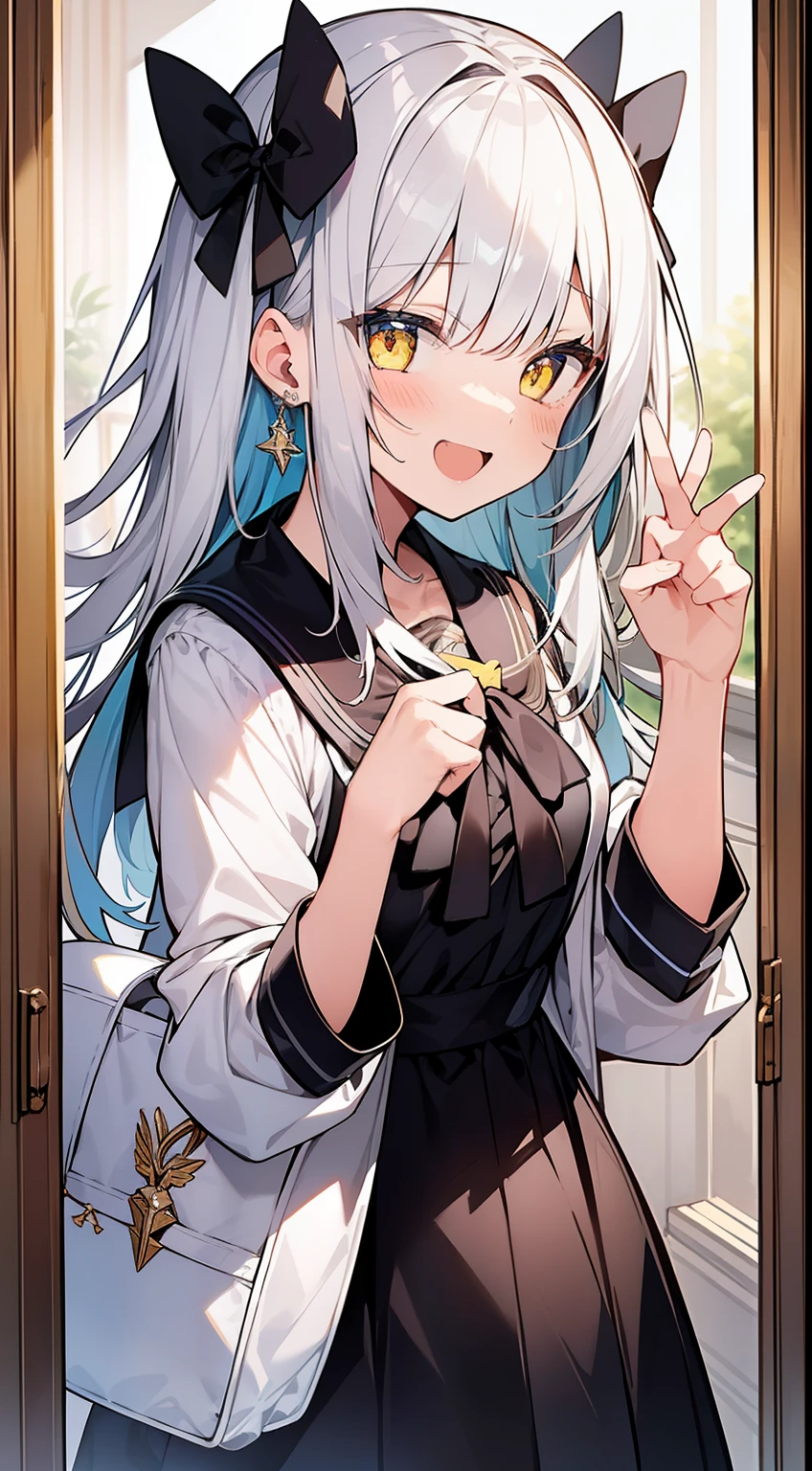 One girl、High school students、yellow eyes、to stand、bags、Twin-tailed、white hair、black ribbon on the head、sano、Laugh、piece sign、White Room、White furniture、Jewel Room、masterpiece、top-quality、Top image quality、cute little