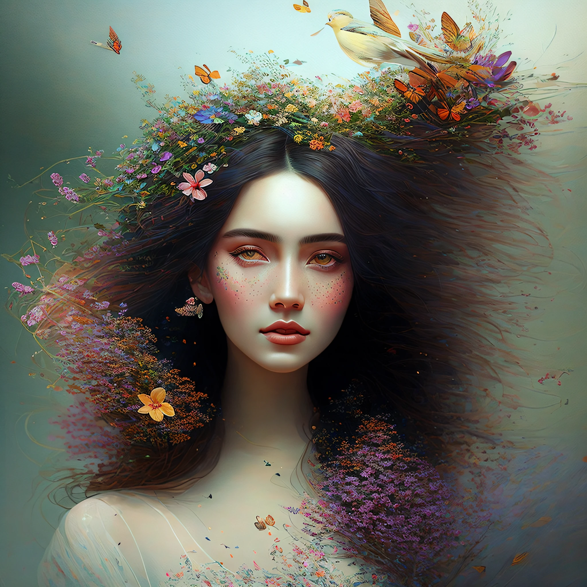 a close up of a woman with a flower in her hair, beautiful gorgeous digital art, a beautiful artwork illustration, beautiful digital artwork, beautiful fantasy art portrait, beautiful fantasy portrait, gorgeous digital art, beautiful digital art, in style of anna dittmann, beautiful digital illustration, exquisite digital illustration, stunning digital illustration, colorfull digital fantasy art, very beautiful digital art, birds, buterflies, petals, spring background, flowers and butterflies in background with flowers, spring flowers the background, flowering plants in the background