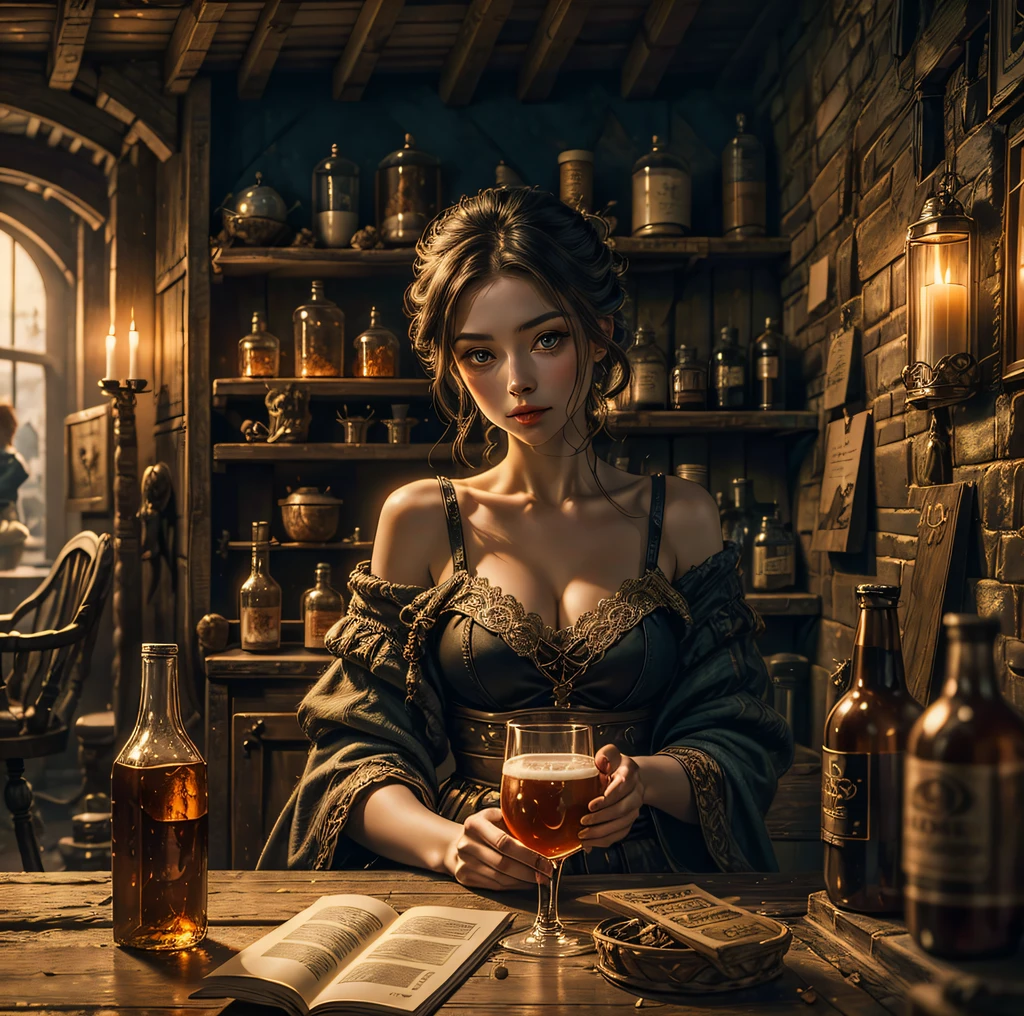 beautiful ginger women in detailed dress at cozy detailed potions shop, air above hair, IPA award wining, masterpiece, made with professional high quality camera, intense contrast