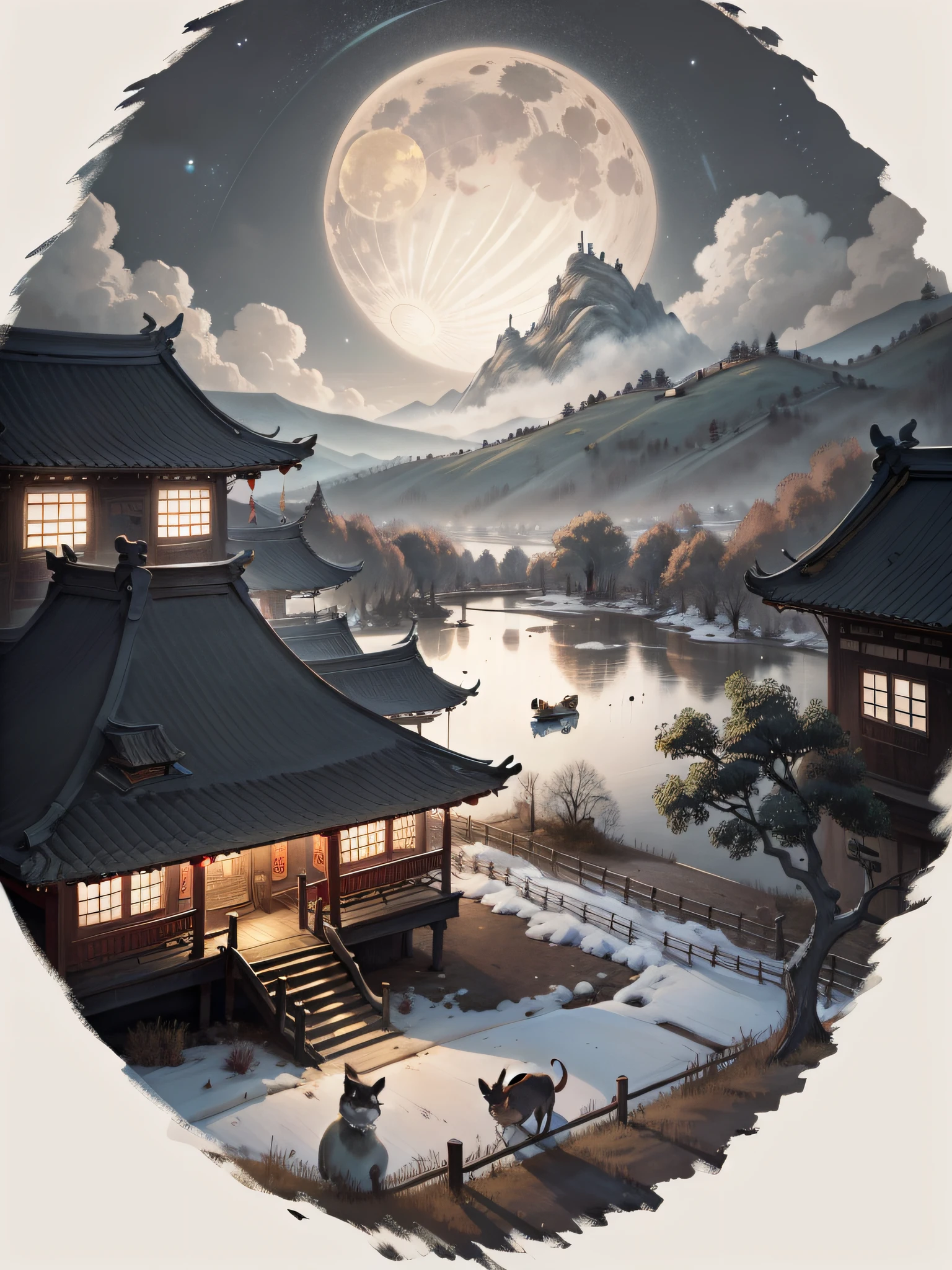 16K，High Picture Quality，high detal，tmasterpiece，landscape，Chinese classicism，Scatter perspective。 A round moon in the night sky，There is a wooden building of the Chinese Tang Dynasty on the side，There are several cats on the eaves，A nightingale flew out of the dark air。Very poetic。