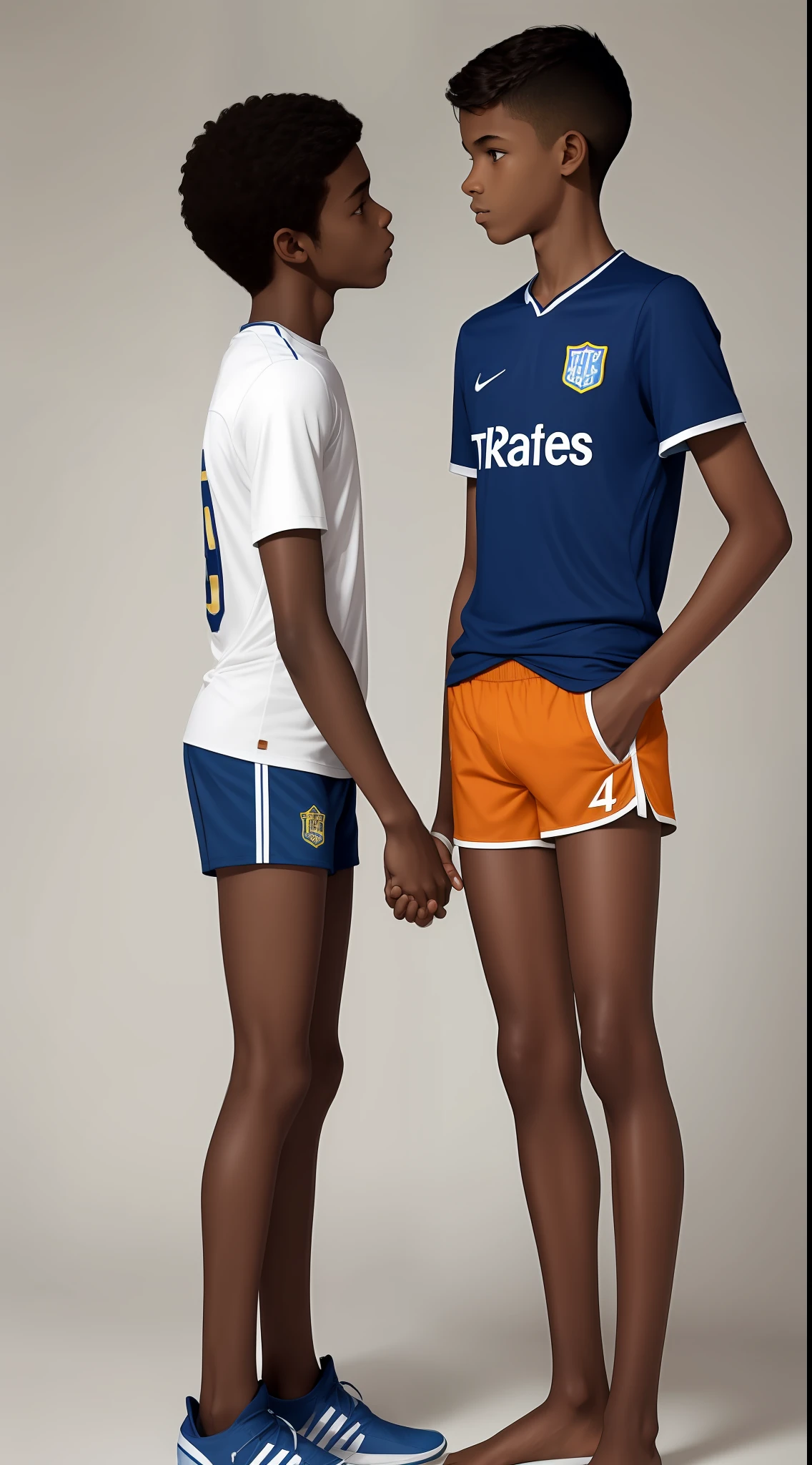 Two thin, 14 year old boy kissing,Brown skin,bareness,Extra short shorts,Grasp the crotch of your pants with your hands,Hands touching the crotch,Short-sleeved football shirt,short detailed hair,Full body photo,emaciated,The lower body is naked opposite each other