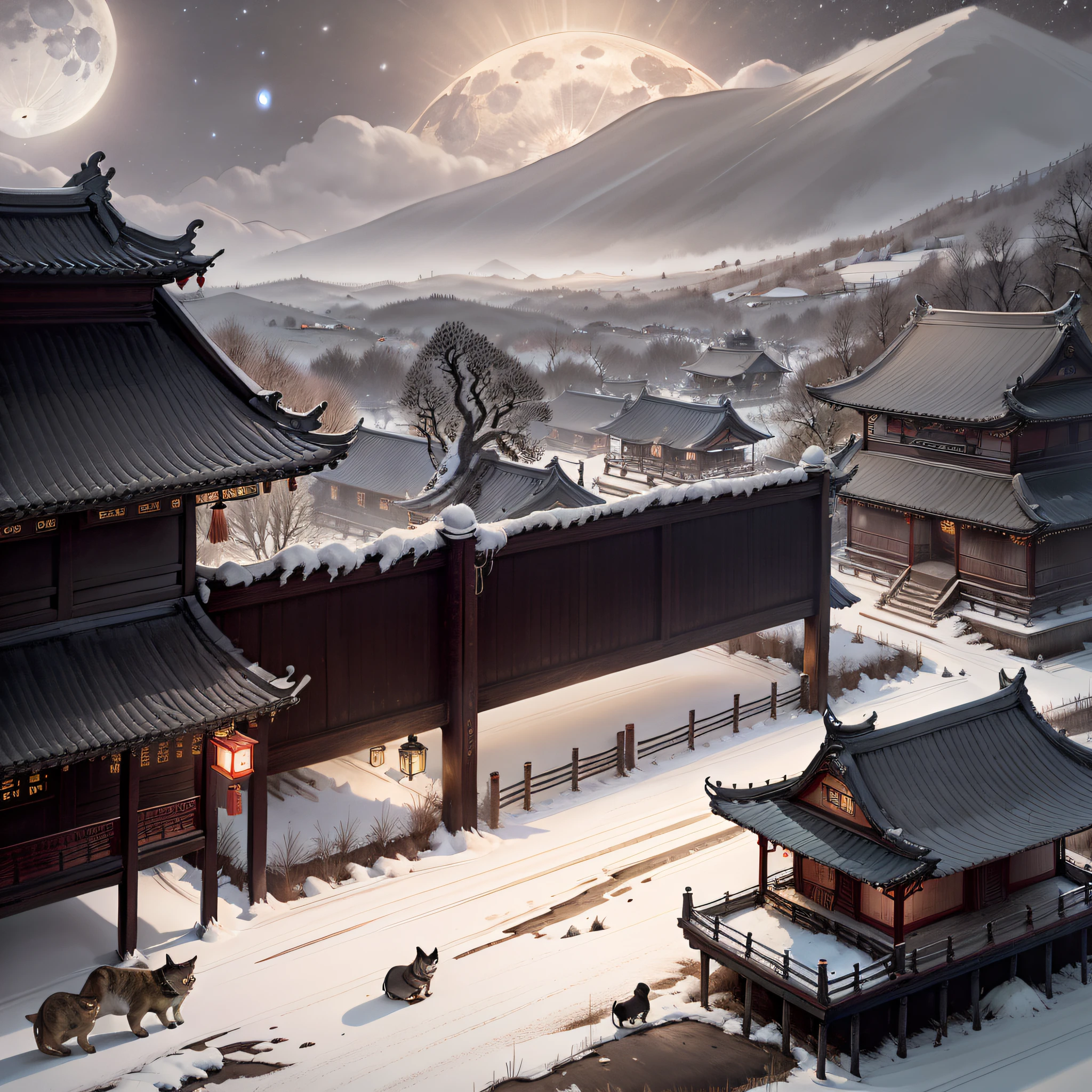 16k，High picture quality，high detal，tmasterpiece，landscape，Chinese classicism，Scatter perspective。 Full moon in the night sky，On the side there is a wooden building from the Tang Dynasty in China，There are several cats on the eaves，A nightingale flew out of the dark air。Very poetic。