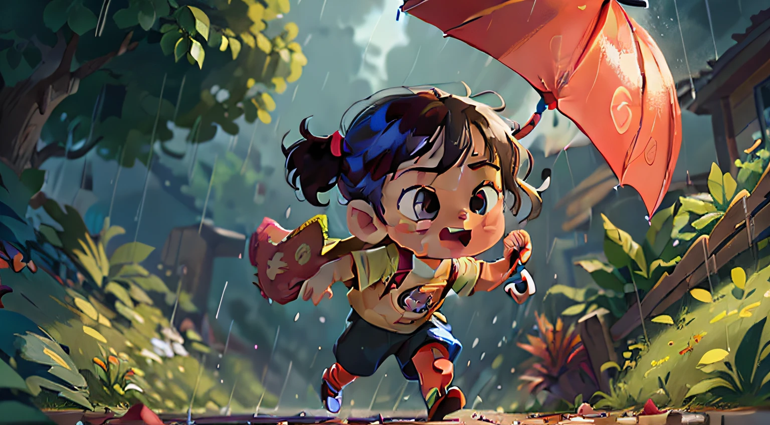 Poster design,The child is playing with an umbrella,jumpping,cartoonish style,raining day,Happy night,perfectquality,Clear focus,Perfect face,Exquisite details,ultra-low perspective,wide wide shot。