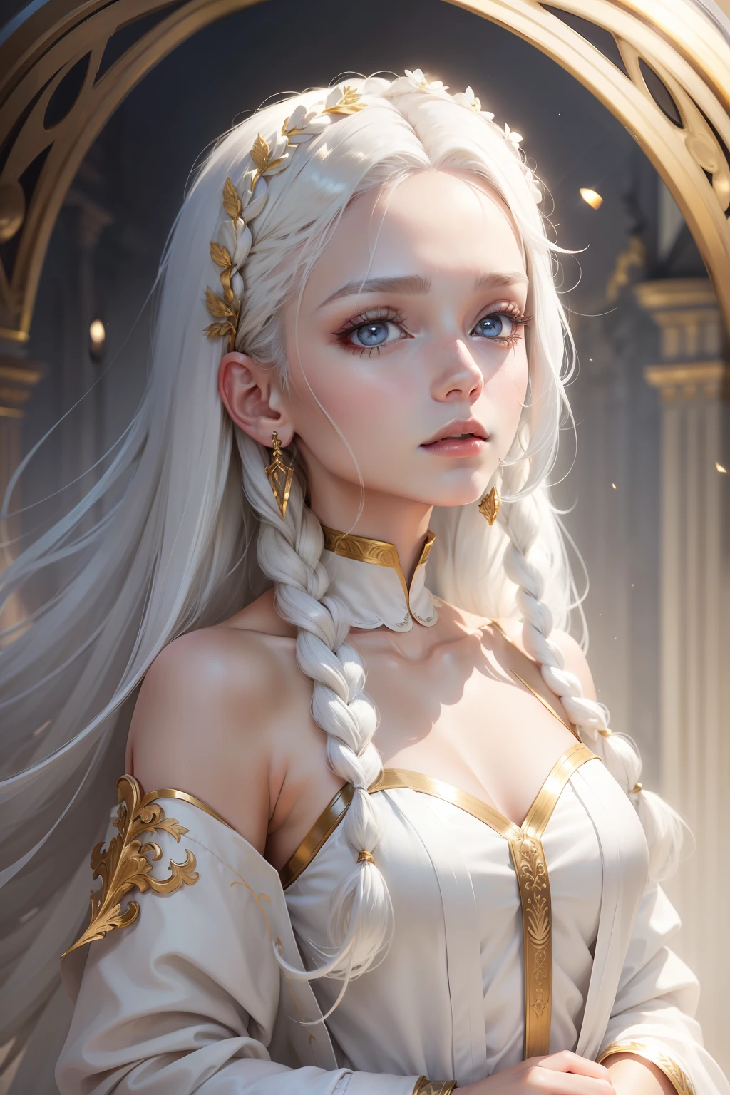 best quality, masterpiece,white hair, gold eyes,white clothes, looking up, upper body,hair strand,Fair skin,side braids