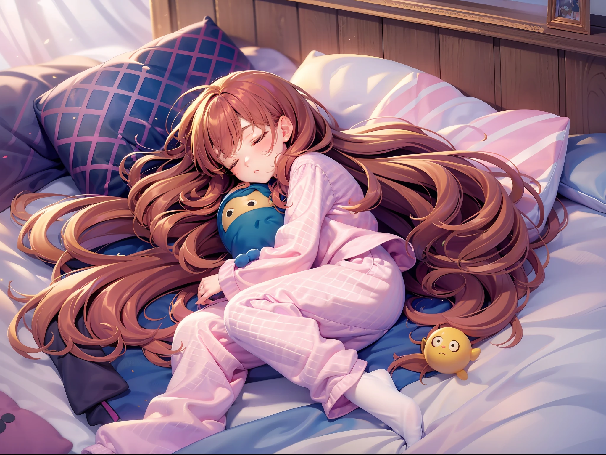 Sleeping girl，ultra cute，2 years old，realisticlying，She wore long trousers，Wearing pink pajamas，brown  hair，dream magical，tmasterpiece，high qulity，High- sharpness，The hair is well depicted，super-fine，