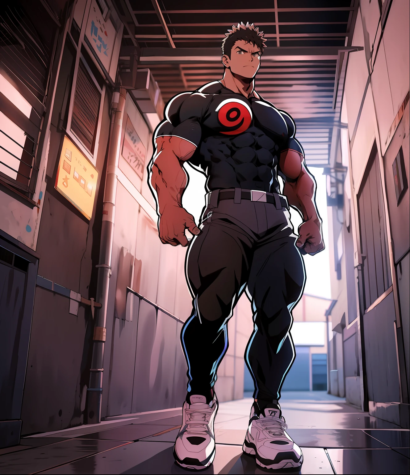 Estilo de arte de anime, imagem de corpo inteiro, angulo da imagem deve ser de perfil e de corpo inteiro de perfil. Personagem extremamente musculoso e alto, com um corpo de bodybuilder, The character has very short hair with bangs in dark brown color, tem olhos alaranjados, usa uma camiseta vermelha de manga comprida, wears black belt and pants; , and wearing a white sneaker The character must be in a city full of buildings around him, The character is strong and determined,e muita massa muscular!!!!!